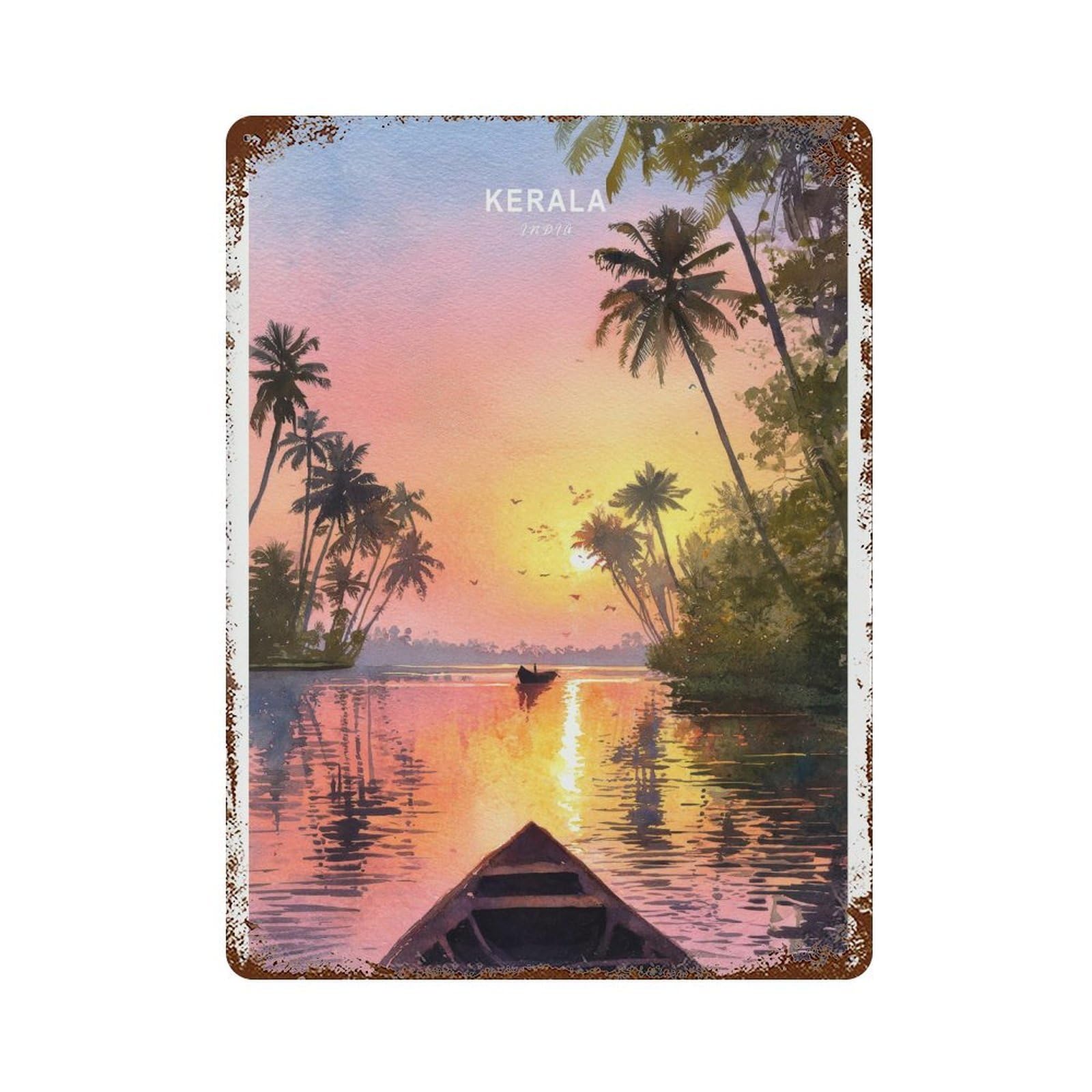 xiaoxiaoshen Kerala India – Watercolor Travel Sunset Backwaters Tropical Landscape (2) Wall Decor Art Metal Tin Poster Modern Home Decor Art Home Bar Shop Decorations Vintage Sign 40x30cm
