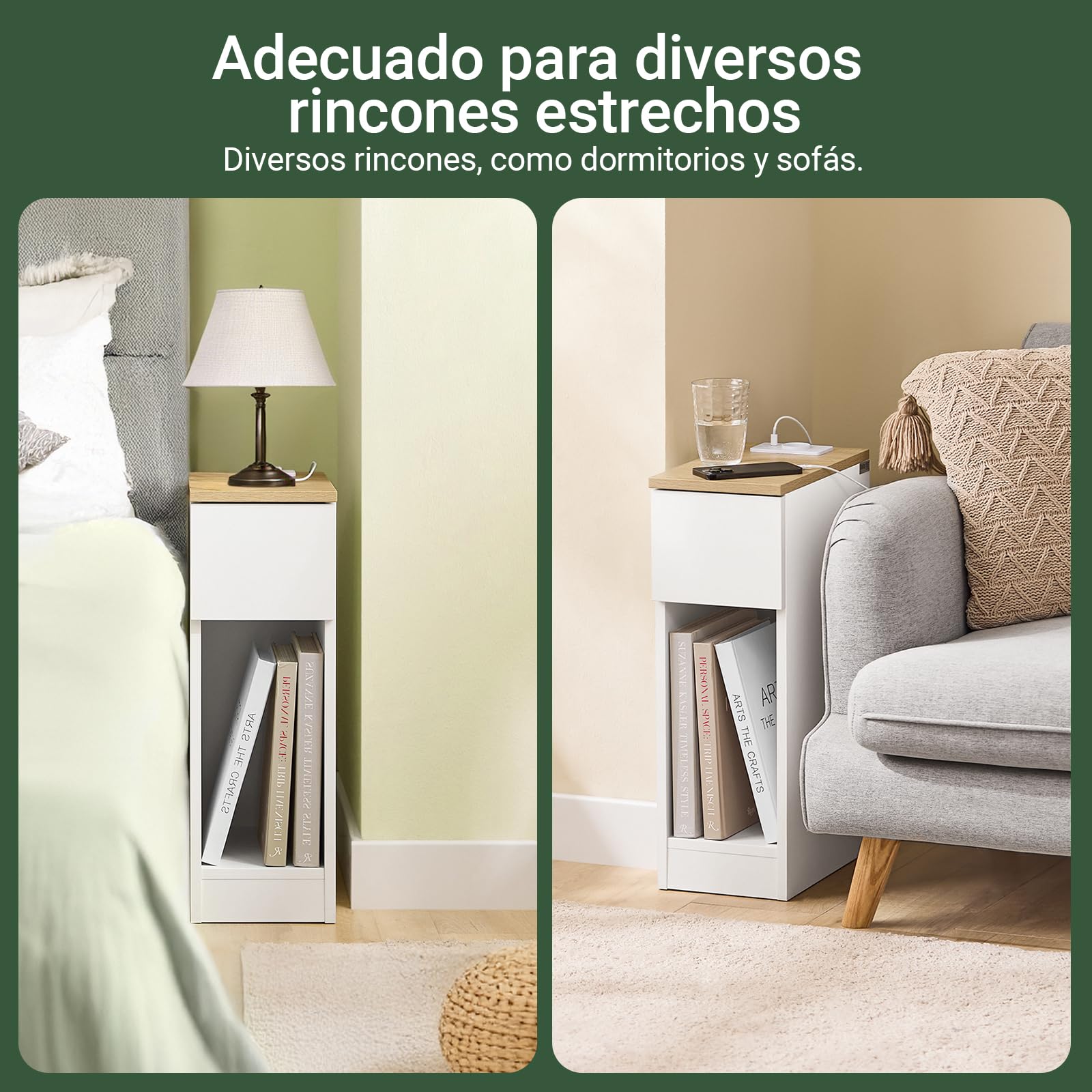 SoBuy mesita de Noche 20cm con estación de Carga y rodapié, 20x35x60cm | Mesilla de Noche Mesa Auxiliar estrecha, ahorra espacio para dormitorio, sala de estar, espacios pequeños, Blanco FBT111-E-WN
