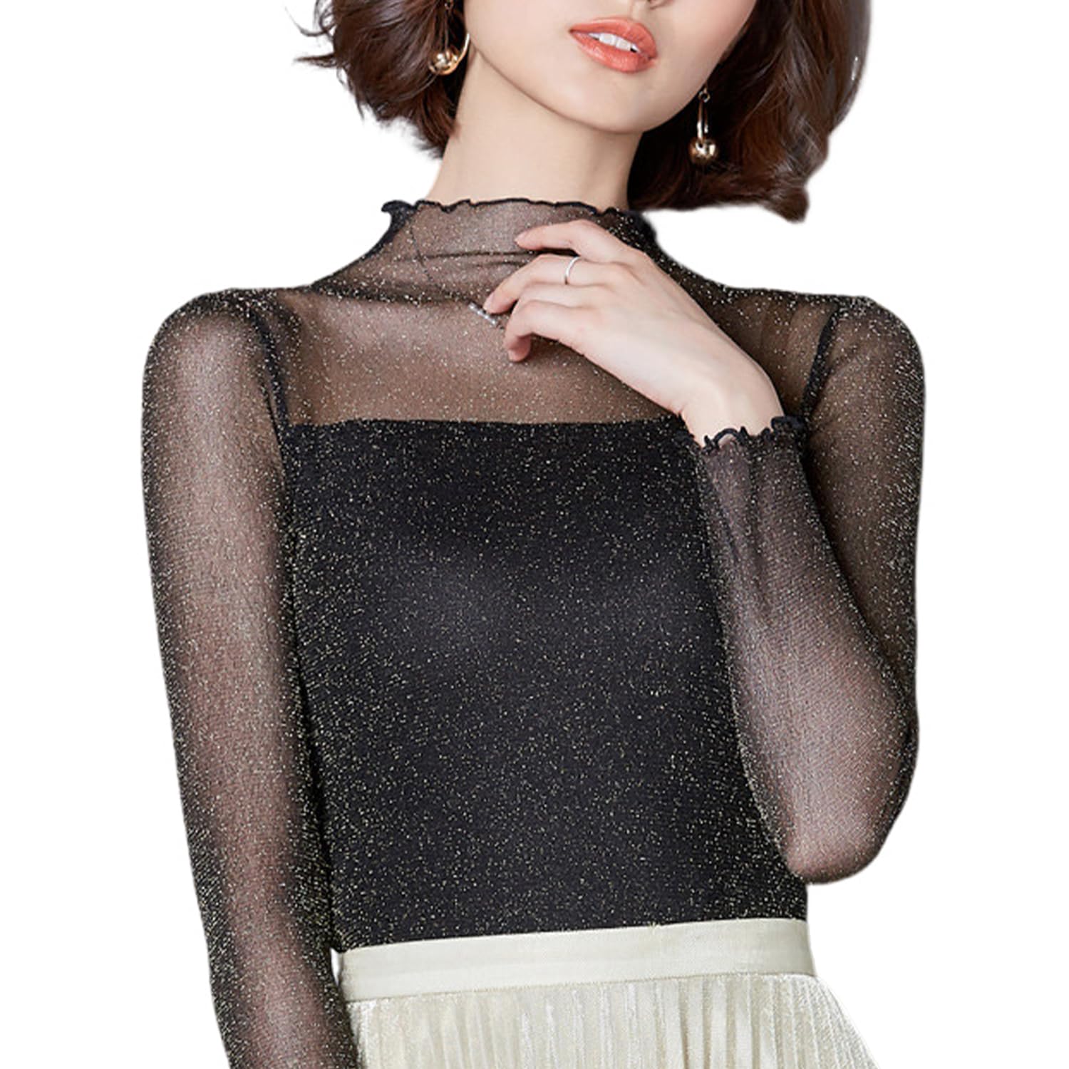 Ysdyy Women's Black 1 Mesh Bottom Shirt - Glitter & Sequined Tops