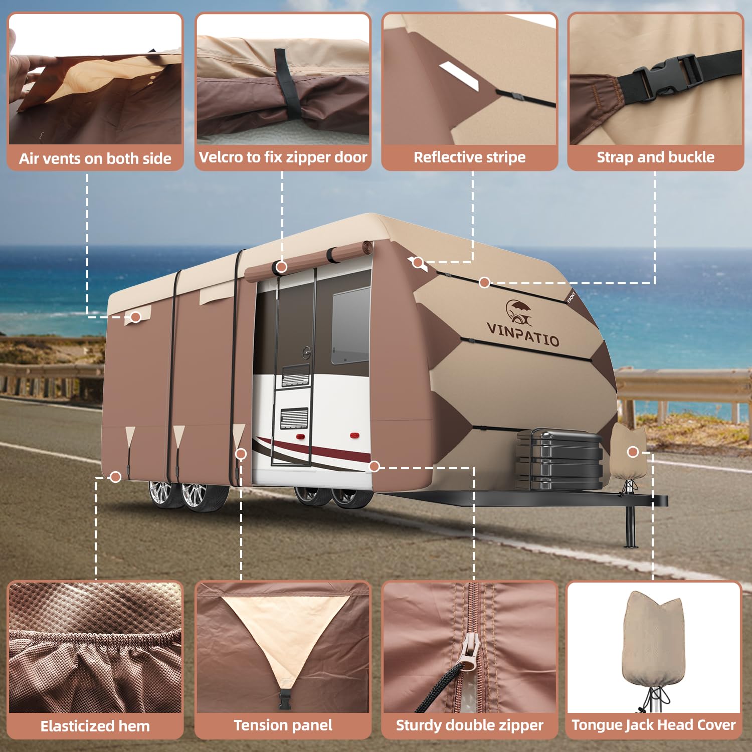 RV Cover For 33-35ft Travel Trailers - Heavy Duty 8-Layer, Waterproof, UV Resistant, With Windproof Straps & Accessories