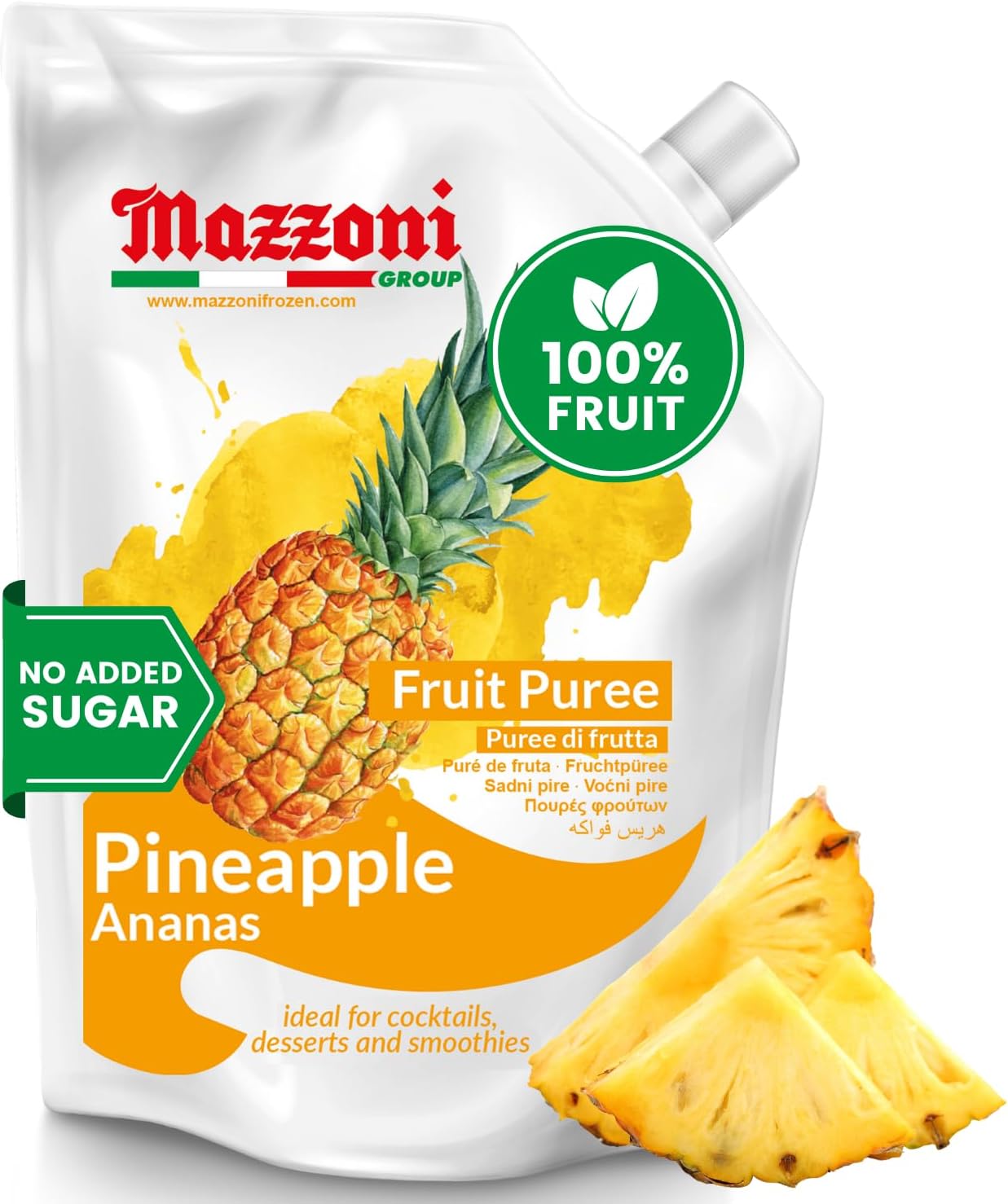 Mazzoni - Pineapple Juice Puree, 100% Pure Pineapple Juice Mix, Just Fruit, No Sugar Added, Mixer for Cocktails, Drinks, Smoothies, Make Healthy Pina Coladas, Convenient Pouch, Made in Italy, 2.2 lbs (35.2 oz)