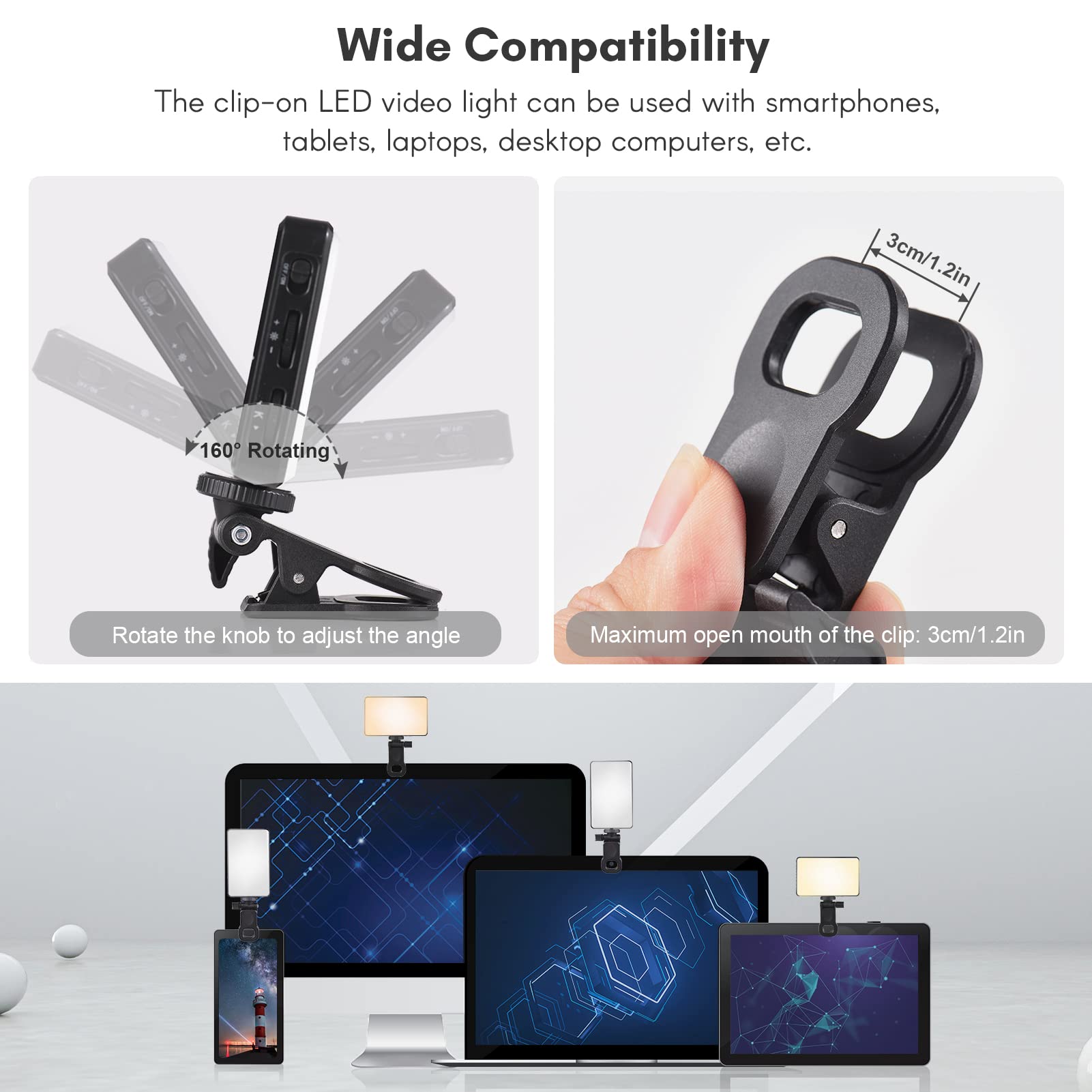 Andoer 120 LED Luce video, luce per selfie con clip e supporto per telefono 2500K-9000K Luce per telefono dimmerabile CRI 95+ per tablet laptop videoconferenza TikTok Selfie Vlog Livestreaming
