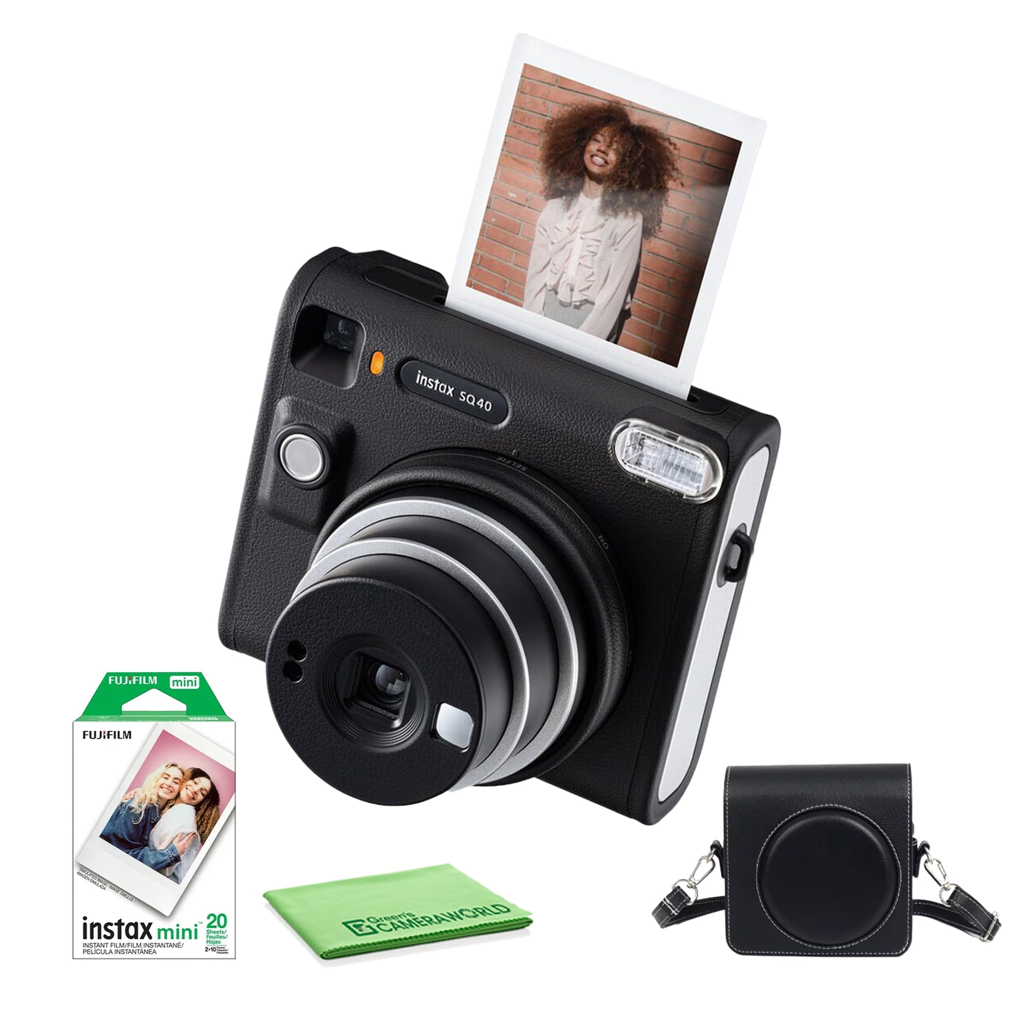 Fujifilm Instax Square SQ40 Instant Camera Vintage Black Bundle with Fuji Instax Film Value Pack (20 Exposures) + Carrying Case + Cleaning Cloth