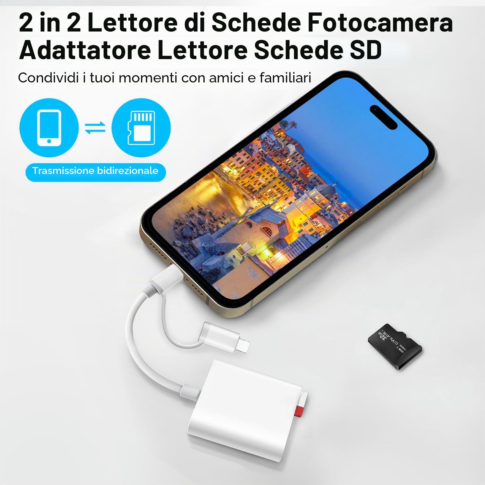 Lettore Schede SD per iPhone, 2 in 2 Adattatore per Lettore di Schede SD USB C, Lettore di Schede di Memoria SD per Schede SD/SDHC/SDXC/MicroSD, SD Card Reader per iPad/iPhone15/MacBook/Tablet/Huawei