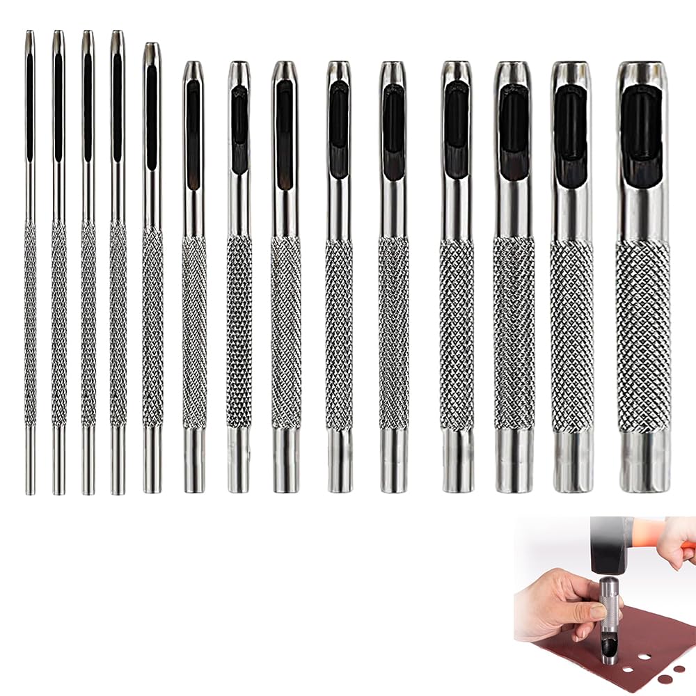 Homefantasy 14 Piezas Juego de Punzones,Punzones de Agujero,Sacabocados para Cuero,Juego de Punzón Hueco,Cortador de Perforaciones de Cuero,Sacabocados Cuero,para Cuero, Banda de Reloj(1mm-10mm)