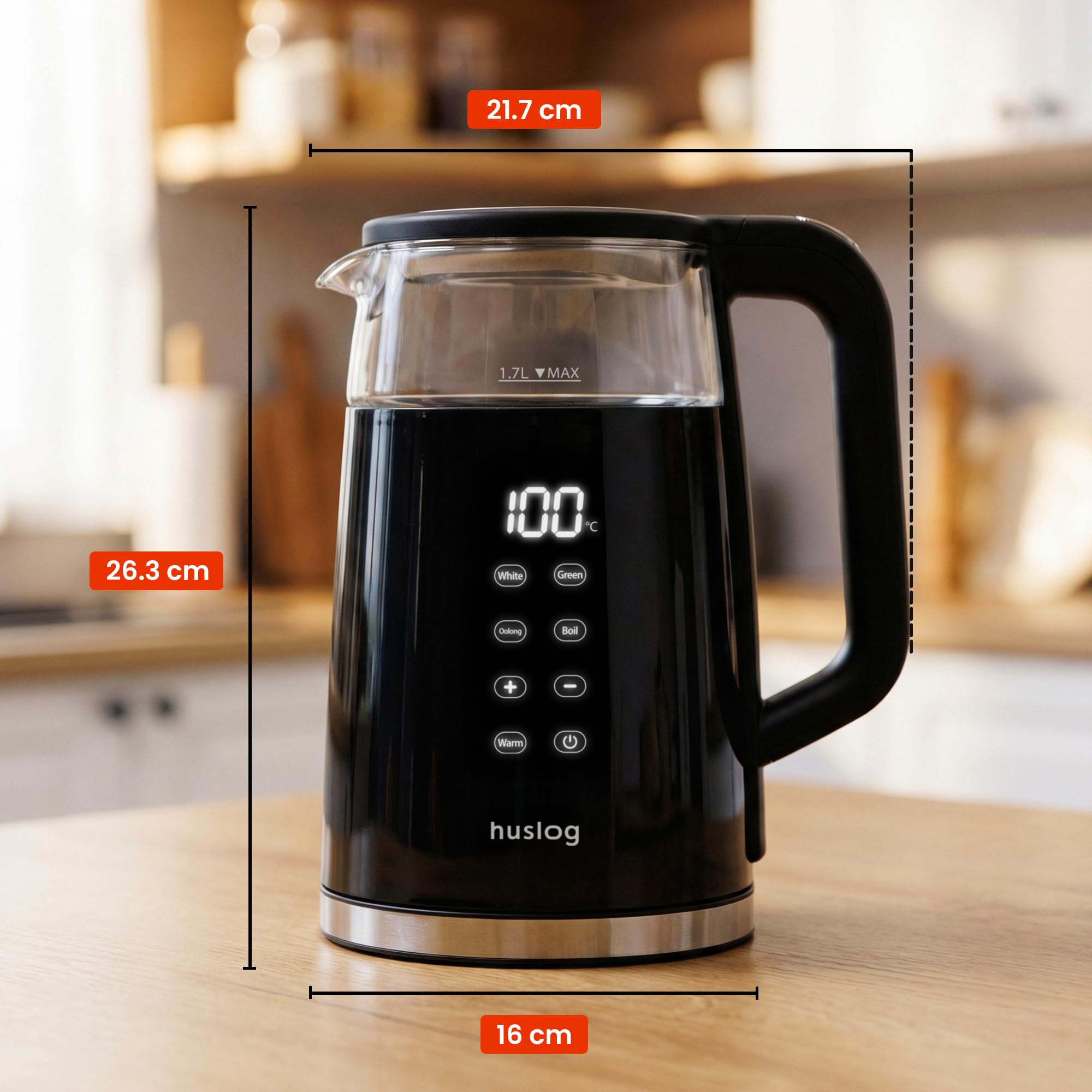 Bollitore Elettrico 1,7 L con Schermo Touch, 2200 W, Acciaio Inox & Vetro, Temperatura Regolabile 40–100 °C, 4 Livelli, Mantenimento Caldo, Filtro Anticalcare, Base Girevole 360°, Nero