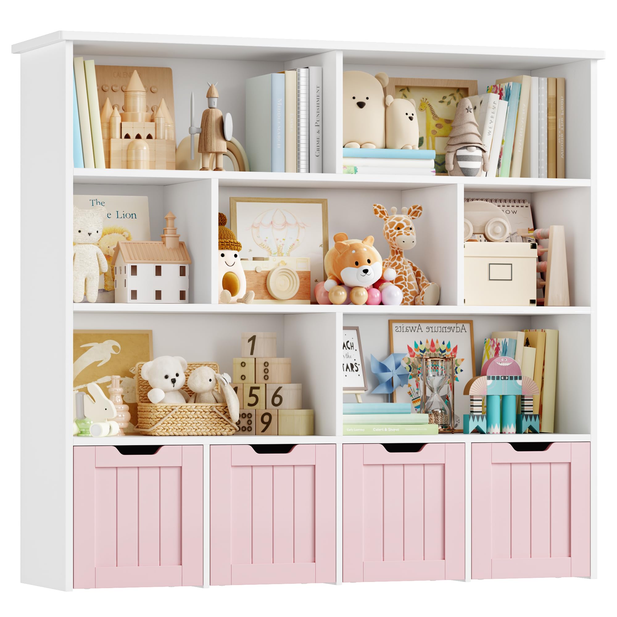 FOREHILL Meuble De Rangement Enfant Bibliothèque Rose 122x30x100cm - 13 Étagères + 2 Tiroirs Roulants