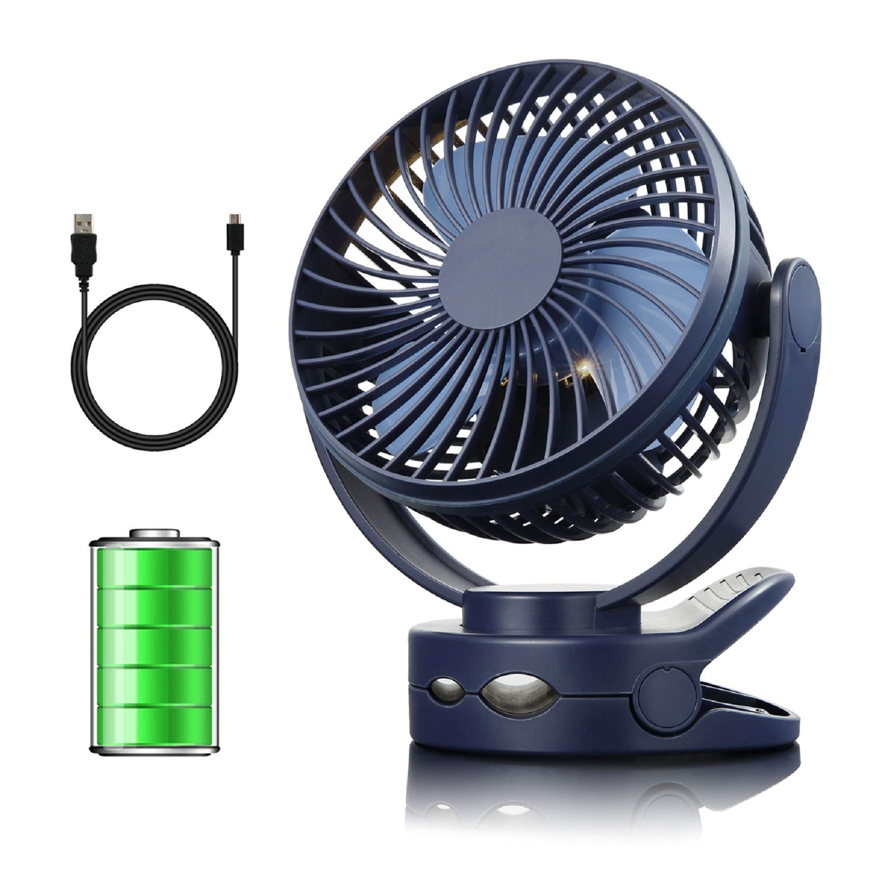 efluky Battery Operated Clip on Stroller Fan, 4 Speeds Stroller Fan Rechargable Battery Operated with Lights and 5000mAh USB Clip Fan for Bed Baby Stroller Office Outdoor Travel,Blue