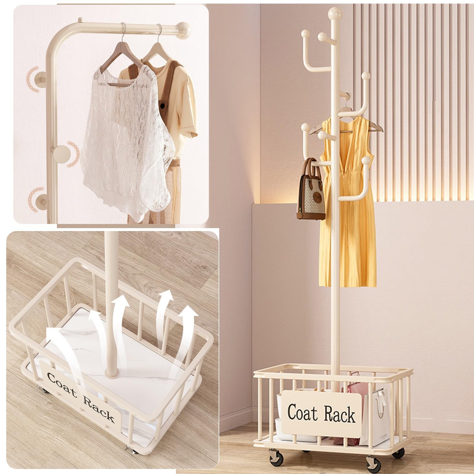 Fahrbare Garderobe Mit Rollen & Aufbewahrungskorb,Metall Kleiderständer Mit 8 Haken,Freistehender Kleiderhalter Für Flur,Schlafzimmer,Büro(White)