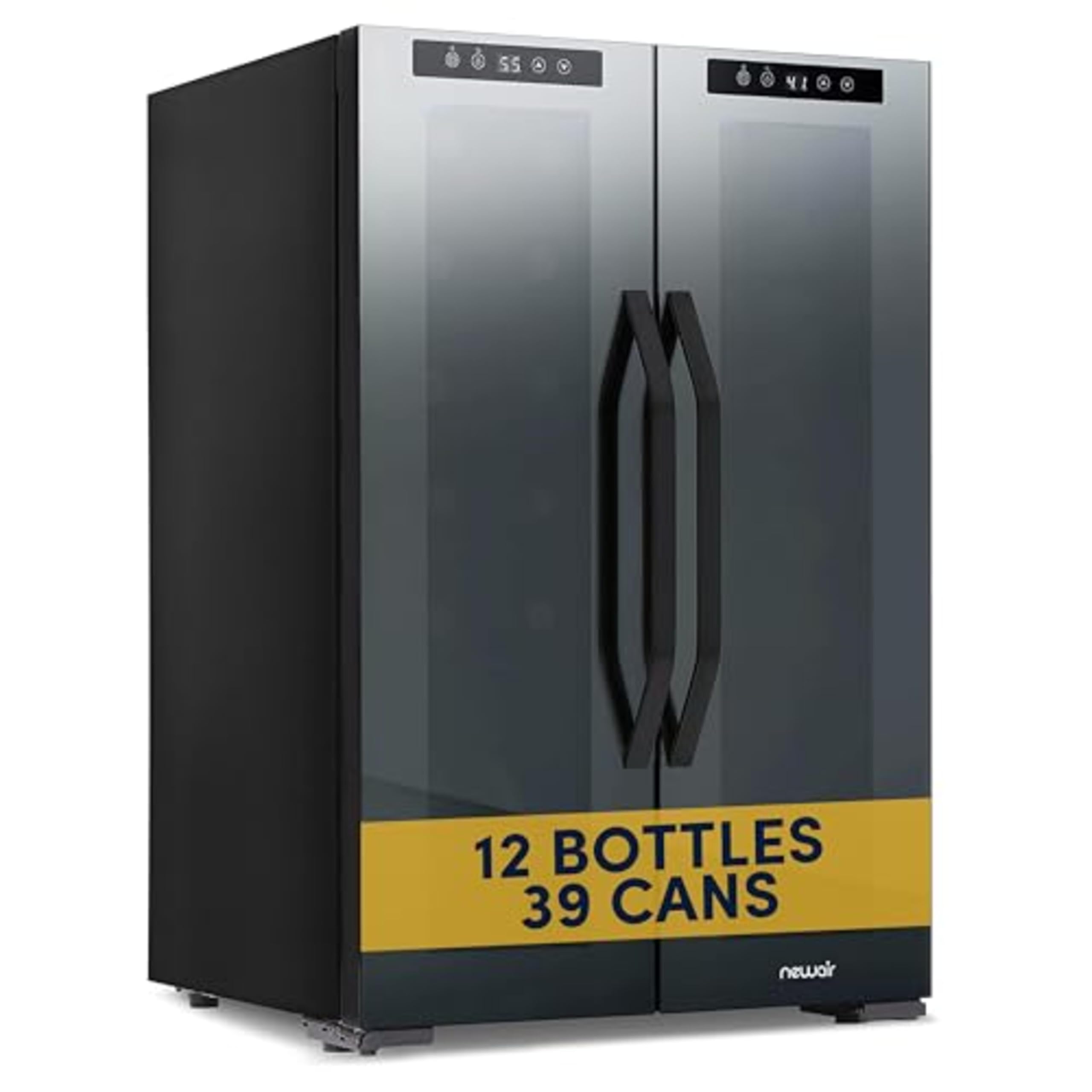 NewAir 20" Dual Zone Beverage Refrigerator & Wine Cooler for 12 Bottles & 39 Cans | Freestanding or Built-In Under Counter Mini Fridge for Beer, Wine and Soda | Black