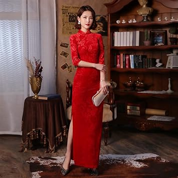 Red 3/4 Sleeve Long Cheongsam Velvet Slim Mother Dress Elegant Traditional Evening Dresses Plus Size Qipao Color Red 2, Size 5XL