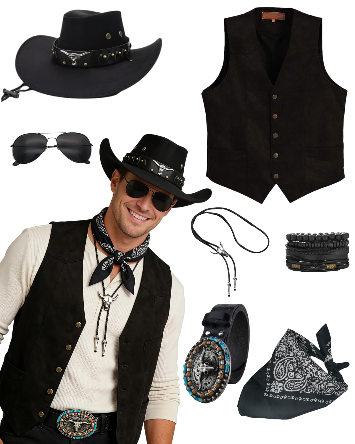7pcs Cowboy Costume Outfit for Men