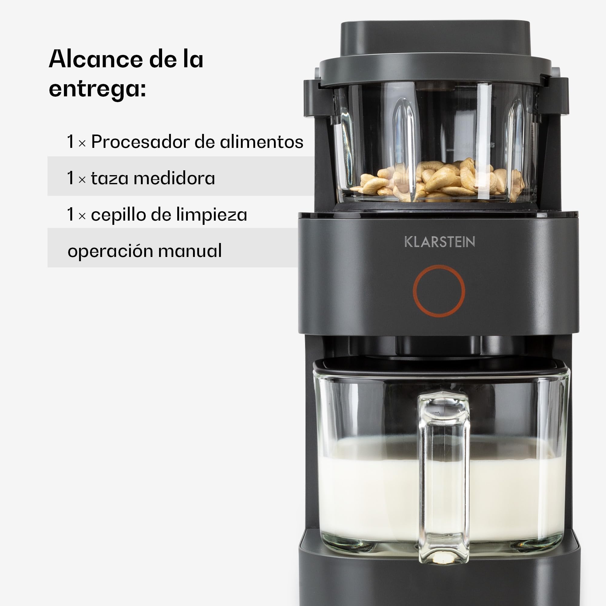 Batidora de pie Klarstein con 300 y 1250 vatios de potencia calorífica, para preparar leche vegetal y batidos, con tecnología de calentamiento de 360°, 30.000 rpm, pantalla táctil, negro