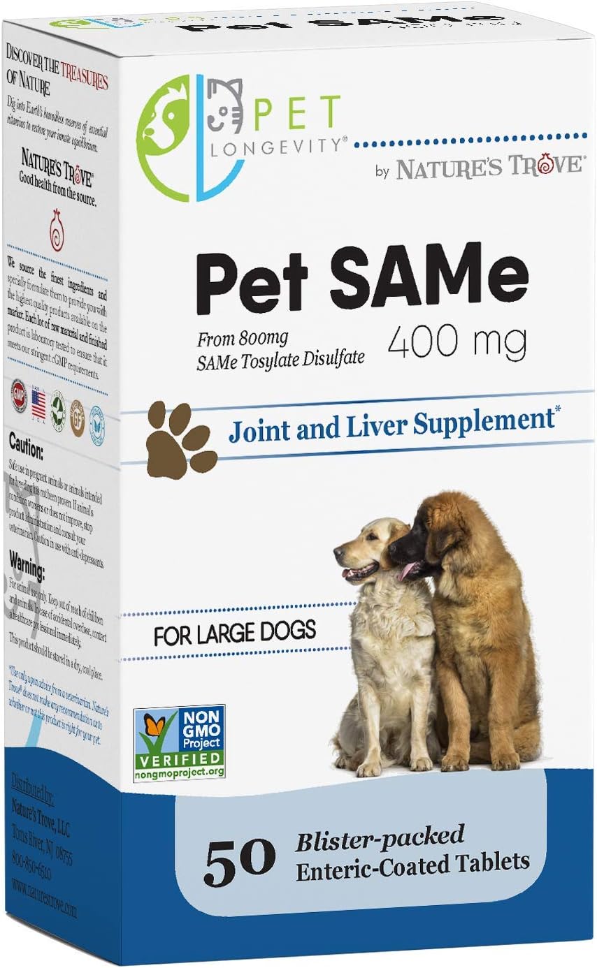 Pet Longevity Same 400 mg Pet Supplements – Liver and Joint Support for Large Dogs with Elevated Enzymes – S Adenosyl Methionine - 50 Gluten Free Enteric Coated Tablets – Non GMO Certified