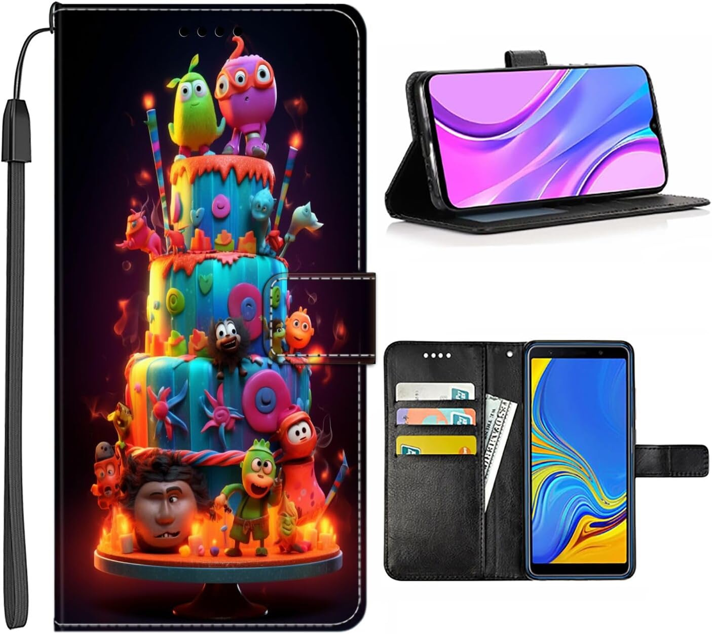 DAFEI Wallet Case for Samsung Galaxy A3 A30 A30S A31 A32 A33 A34 A40 A42 A43 A44 A5 A50 A51 A52 A53 A54 4G/5G with Birthday Cake-AZ569 Design PU Leather Flip Folio Kickstand