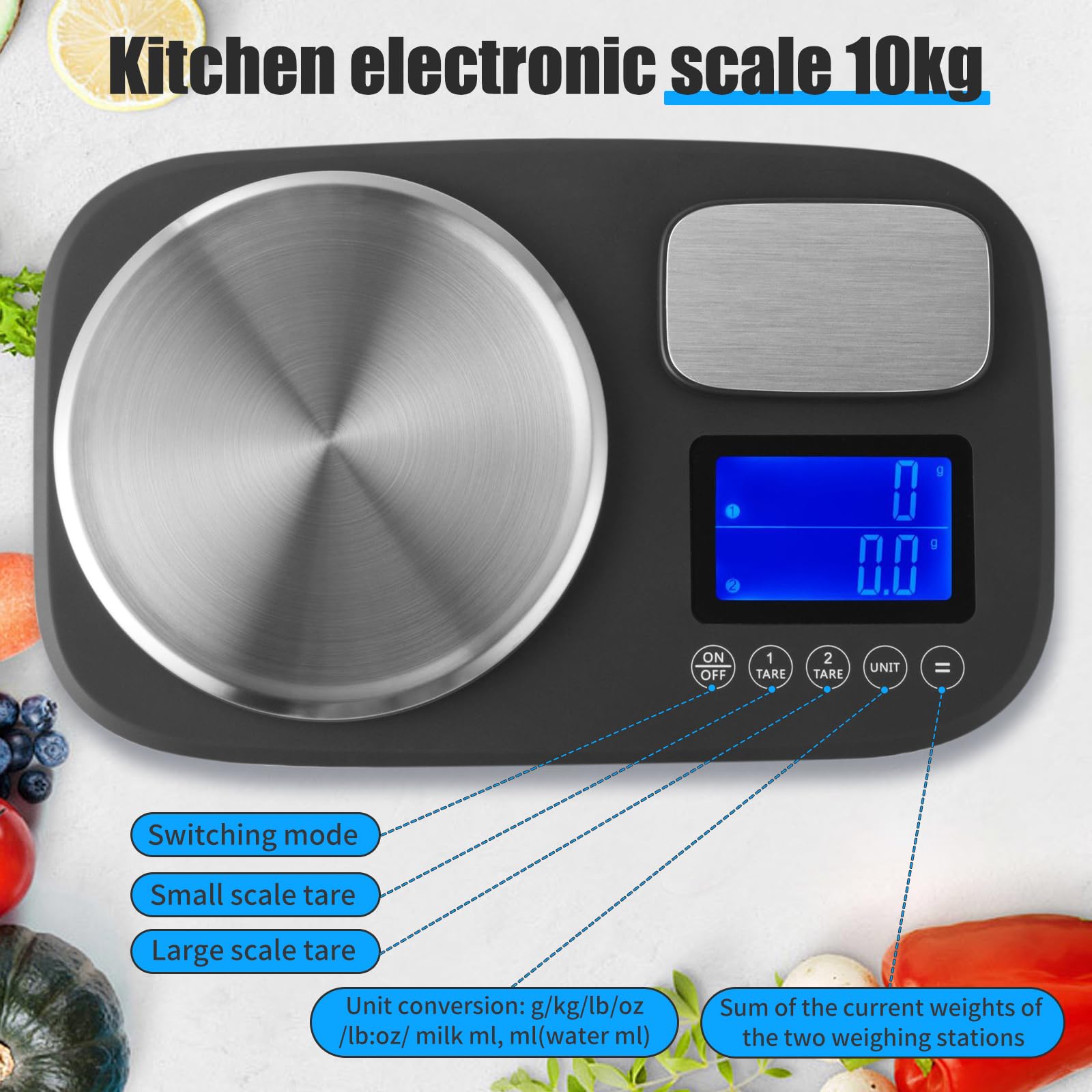Báscula de cocina con plataforma dual, báscula precisa (10 kg y 1 kg), pantalla retroiluminada en azul, báscula digital para cocinar y hornear