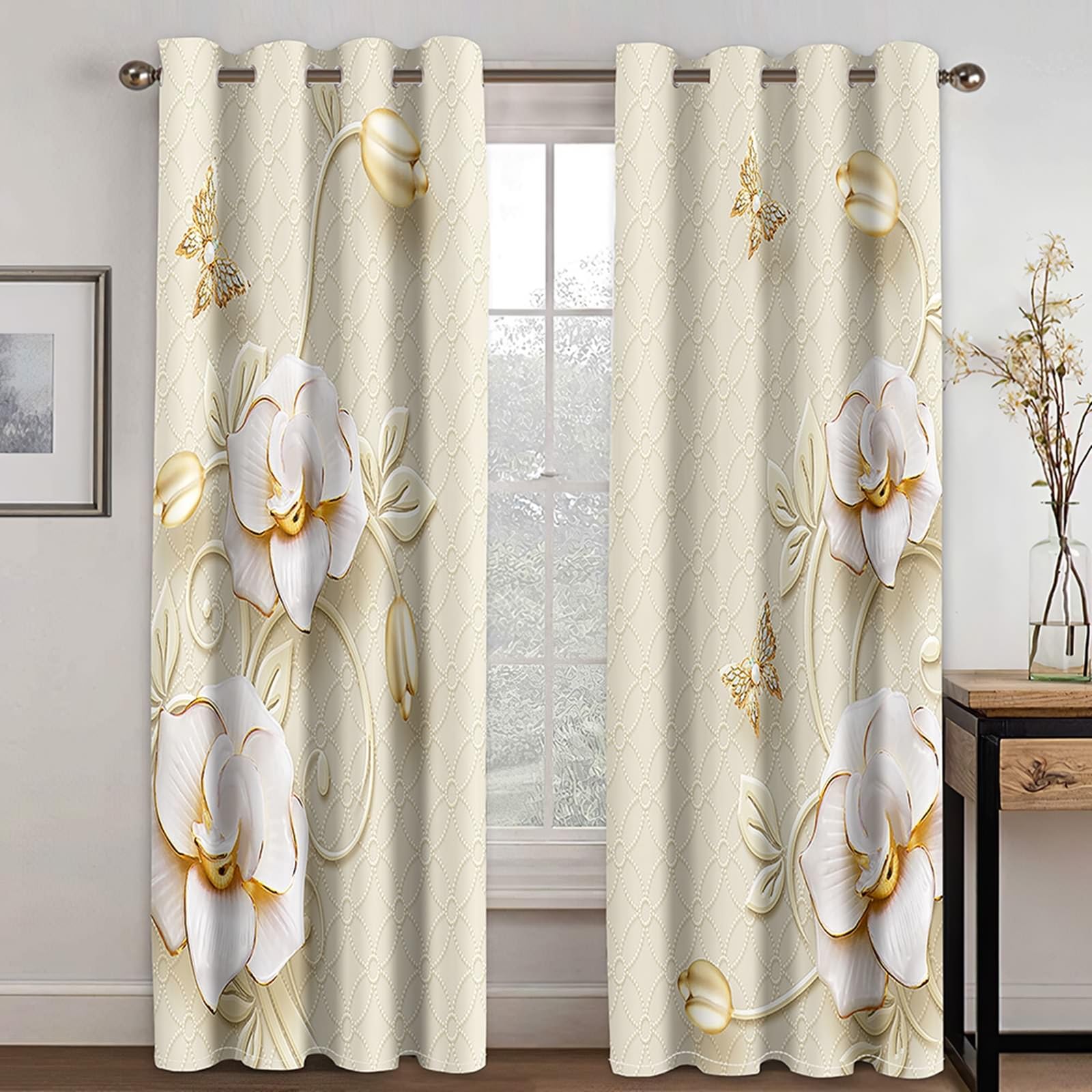 Zasłony do salonu, 2 panele 275 cm długości, zaciemniające panele okienne do pokoju, 84 szer. x 208 cm dł., kwiaty, filigranowe i motyle, termiczne zasłony zaciemniające do sypialni