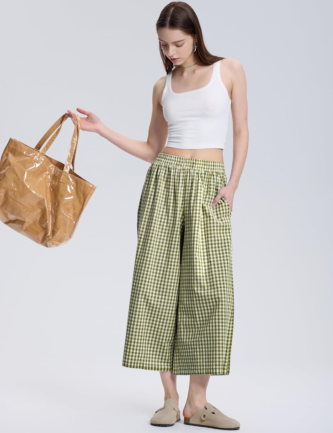 LOMON Womens Wide Leg Capri Pants Cotton Gingham Plaid Culottes Summer Elastic Waist Palazzo Trousers Bottoms with Pockets - Image 5