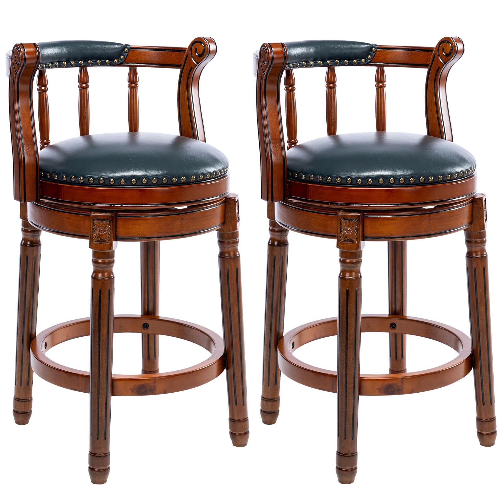 RAINMOOD Barstools Set of 2 Counter Height Bar Stools,Upholstered Genuine Leather Wooden Bar Stool for Kitchen Bistro Pub(Wanul-Navy, seat Height 26in