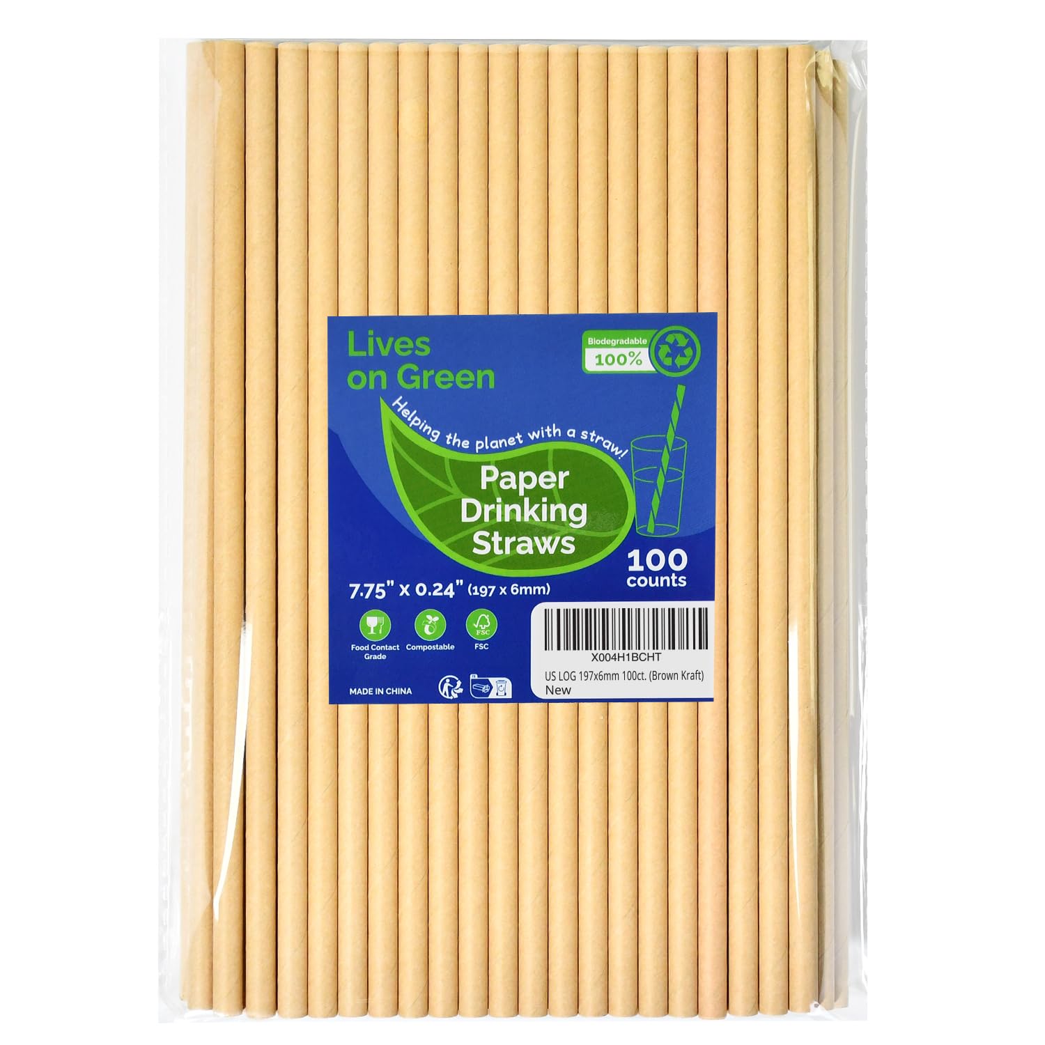 Lives on Green Brown Kraft Paper Drinking Straws, 19.7 x 0.6 cm, 100 Pieces, for Bar, Restaurant, Food Supply, Catering