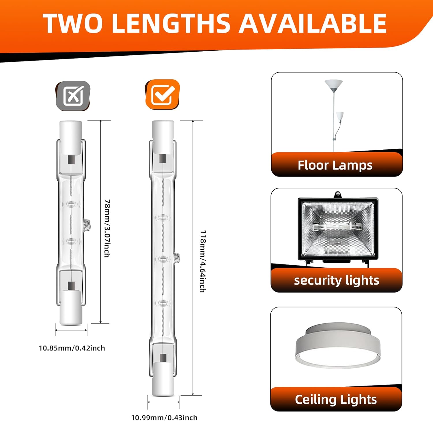 R7S 118mm Halogen Bulb R7S T3 300W 120V J Type Halogen Light Bulb with 4.6 Inch Long Double Ended for Work,Landscape,Security,Ceiling Lights,Dimmable 2700K Warm White Pack of 6