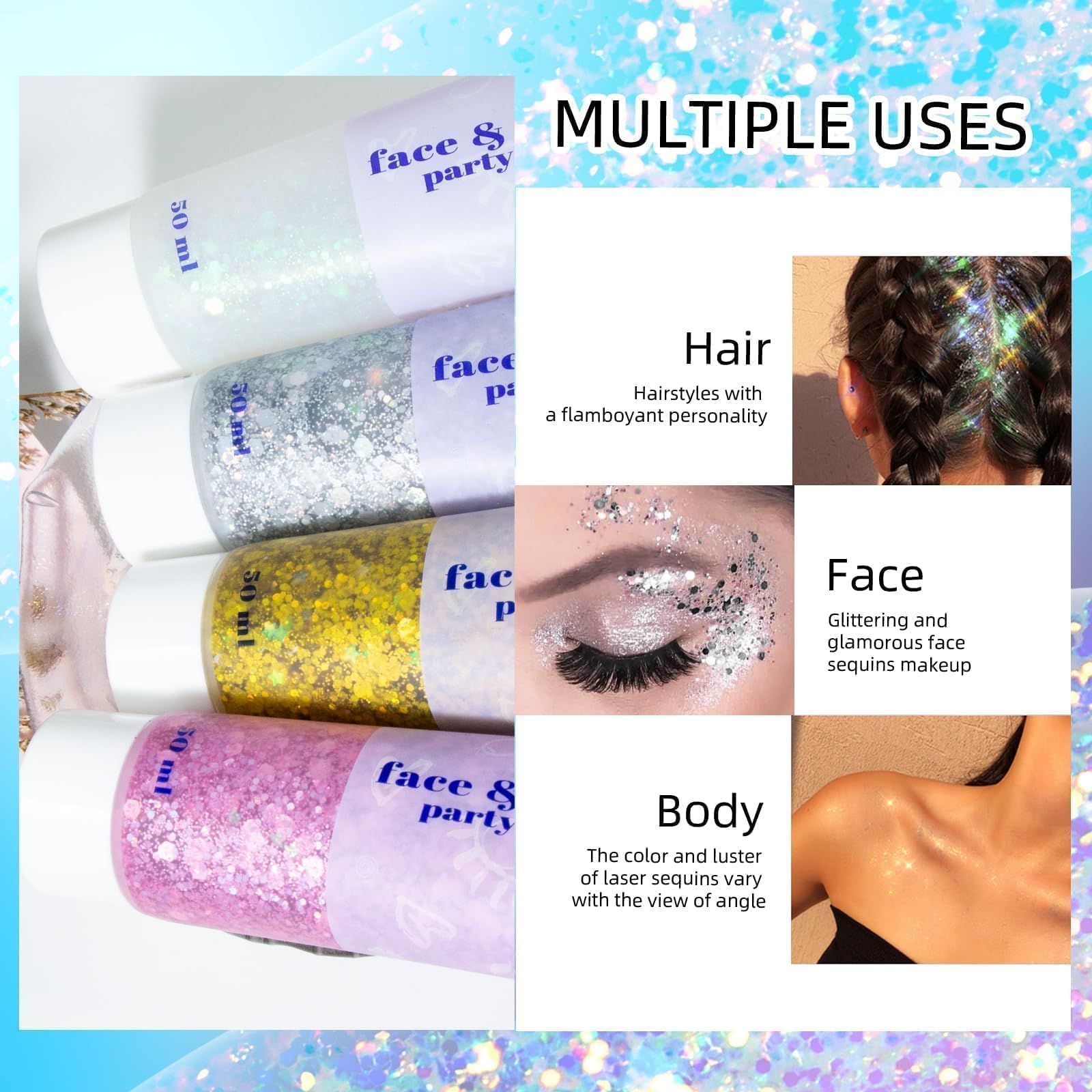 Prreal Body Glitter Gel 50ml, Face Glitters Body Gel Sequins Shimmer Liquid Eyeshadow, Chunky Glitter for Face Hair Nails, Holographic Cosmetic Laser Powder Festival Glitter Makeup(05 Silver)