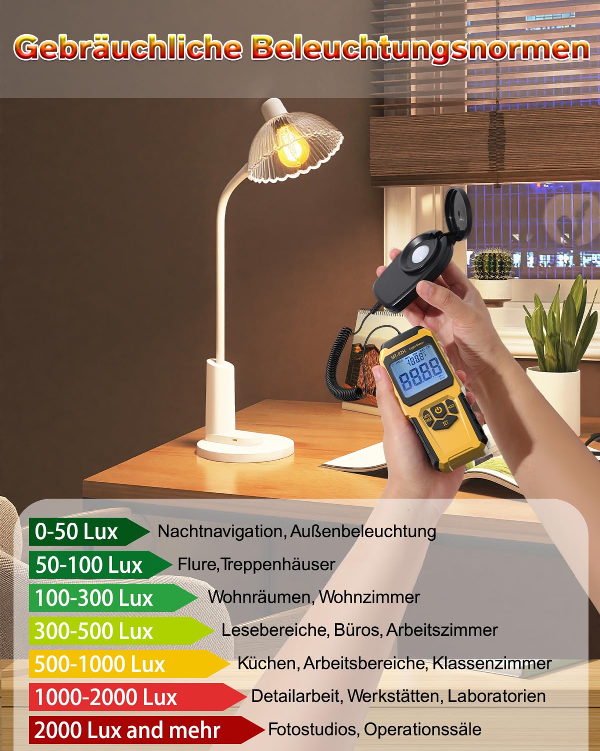 Digitales Luxmeter, Handheld Lux Messgerät Thermometer mit Externem Sensor, bis 200.000 Lux, hohe Genauigkeit, LCD Display, Lichtmessgerät für Pflanzen Innen Außen