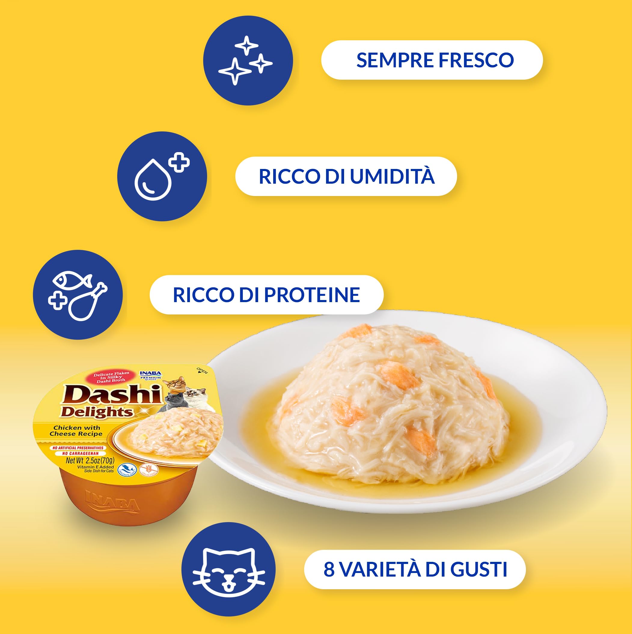 INABA Dashi Delights, Delicati Fiocchi in Brodo di Pollo con Formaggio - 6 Coppette x 70 gr - Cibo Umido per Gatti con Brodo Dashi - Snack per Gatti Ricco di Proteine - Pasto Complementare