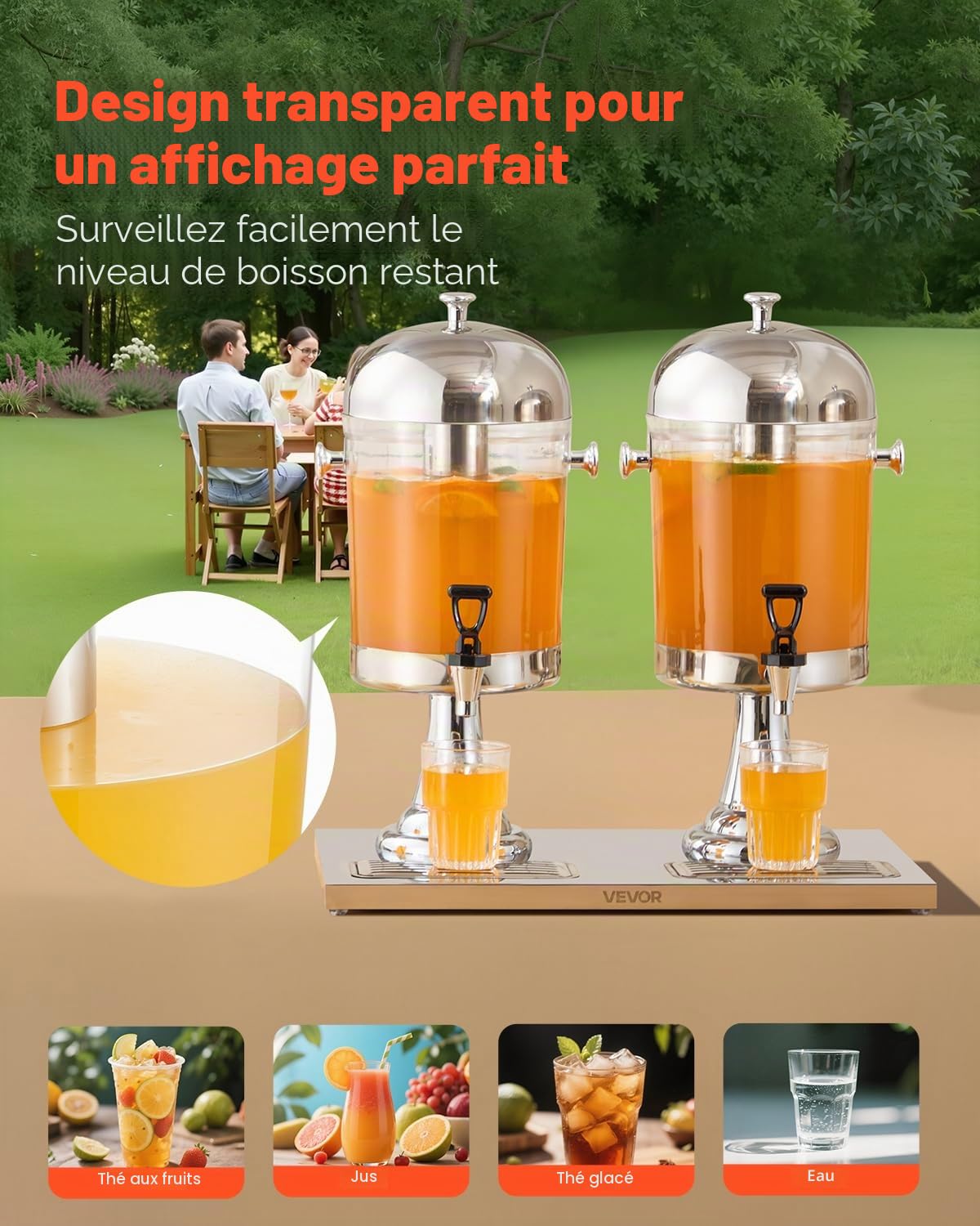 VEVOR Distributeur de Boissons Capacité 2x 8 L, Fontaine à Eau en Acier Inoxydable et Plastique, avec Robinet, Compartiment à Glace et Plateau, Distribution de Jus Limonade Thé Glacé, Restaurant Café
