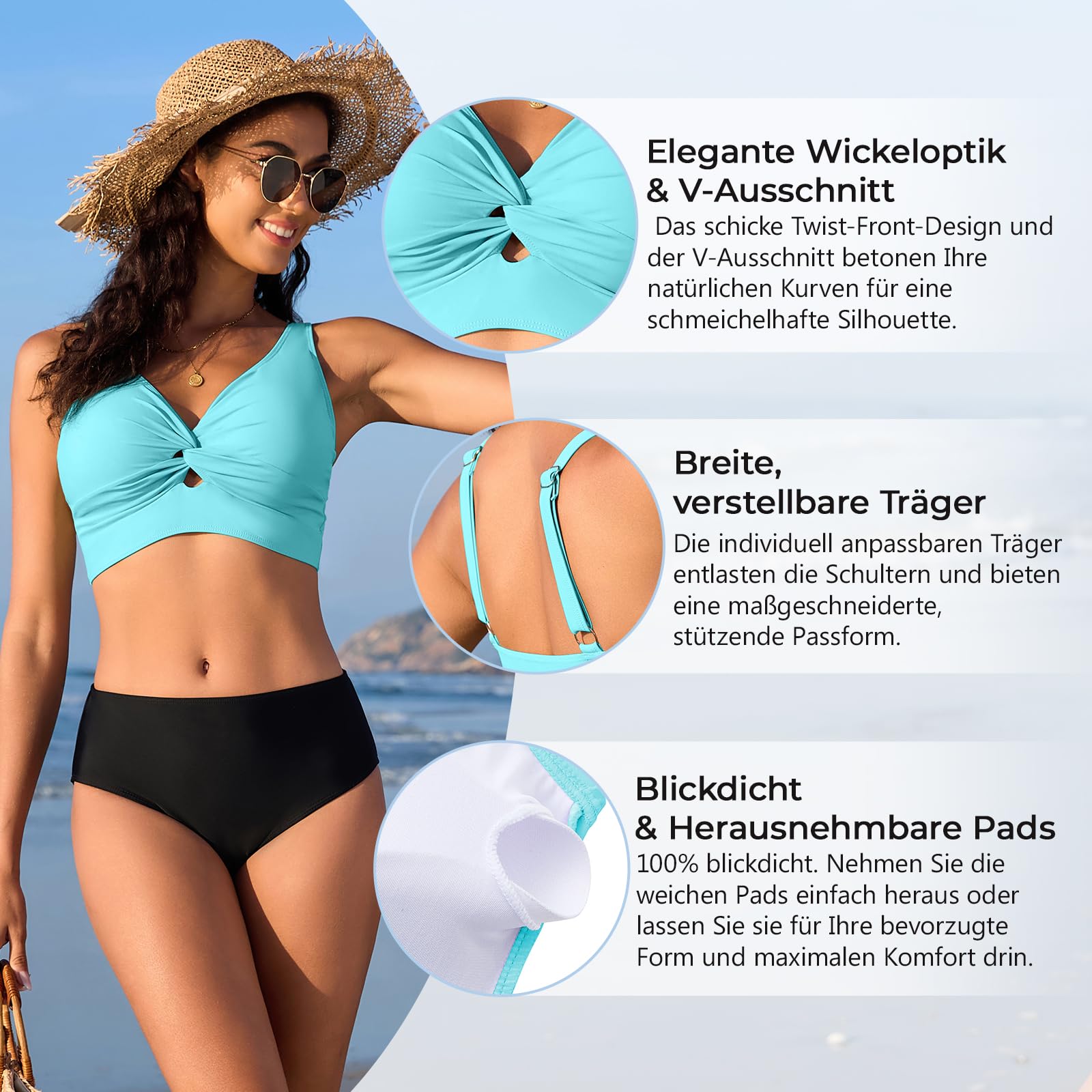 Zando Top bikini da donna con ferretto, bikini sportivo, top da bagno per vacanze in spiaggia 2025, Blu mare, XL