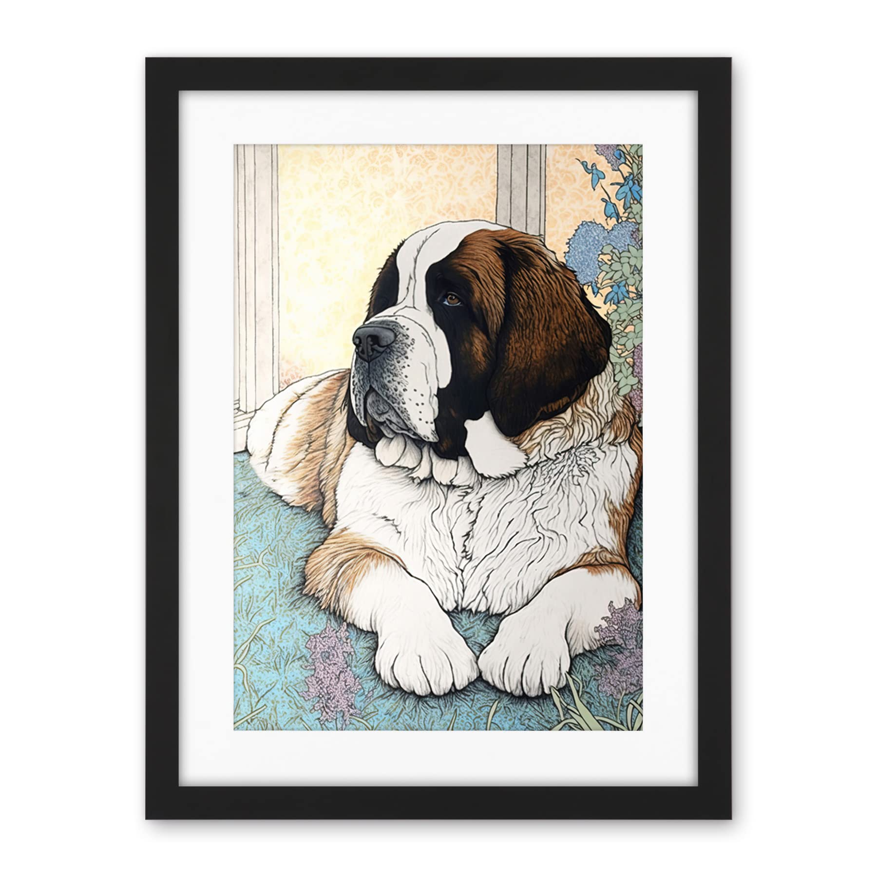 Artery8 St Bernard Dog Lying by Flower Pot Modern Bright Multicoloured Illustration Artwork Framed Wall Art Print 18X24 Inch