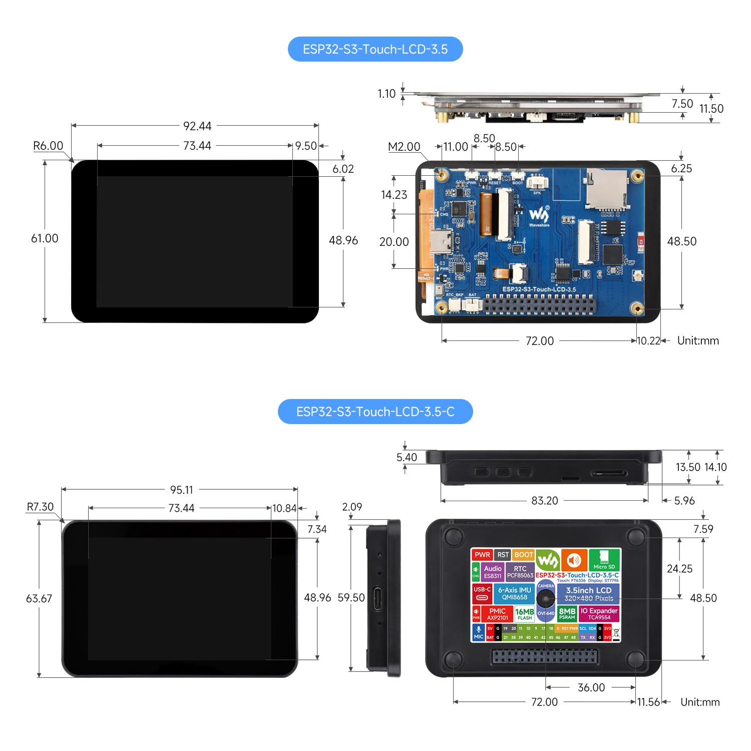 Waveshare ESP32-S3 3.5inch Capacitive Touch Display, 320x480 IPS, 262K Colors, Camera Interface, Supports Wi-Fi & Bluetooth 5, ESP32 Development Board with Display