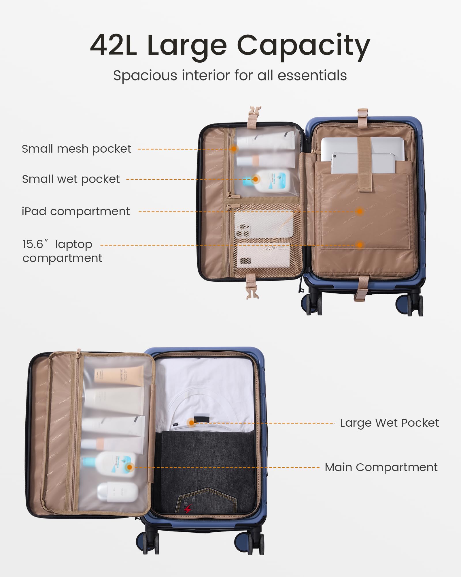 LOVEVOOK Carry On Luggage 22x14x9 Airline Approved with Spinner Wheels, 20 Inch Small Carry On Suitcase with TSA Lock, Expandable Hard Shell Suitcases for Men Women — view 4