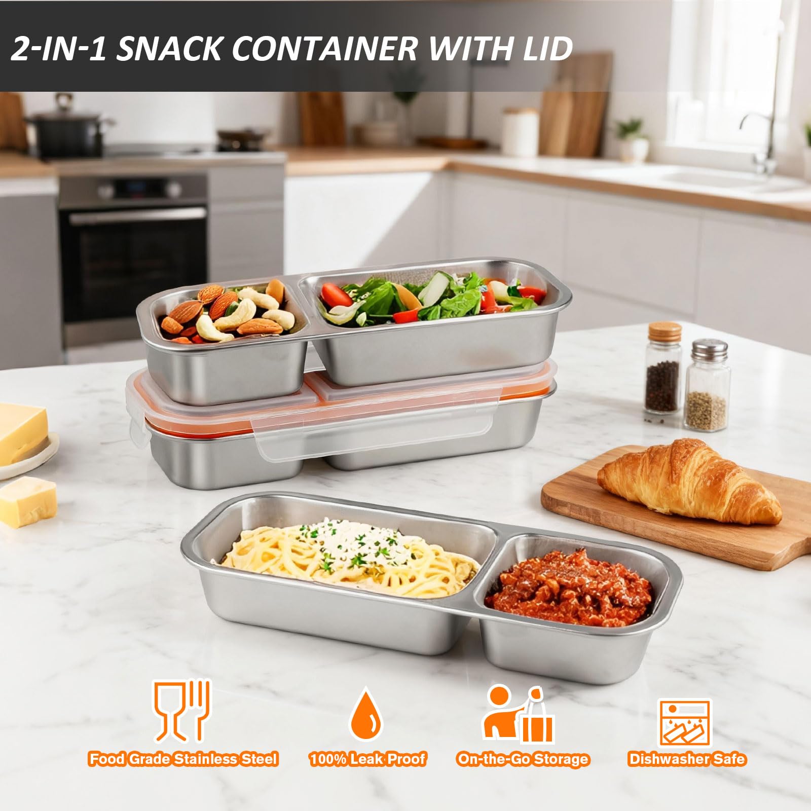 Greentainer Stainless Steel Snack Box with 2 compartments, Snack Container, Bento Box Lunch Container with Lid - Image 3