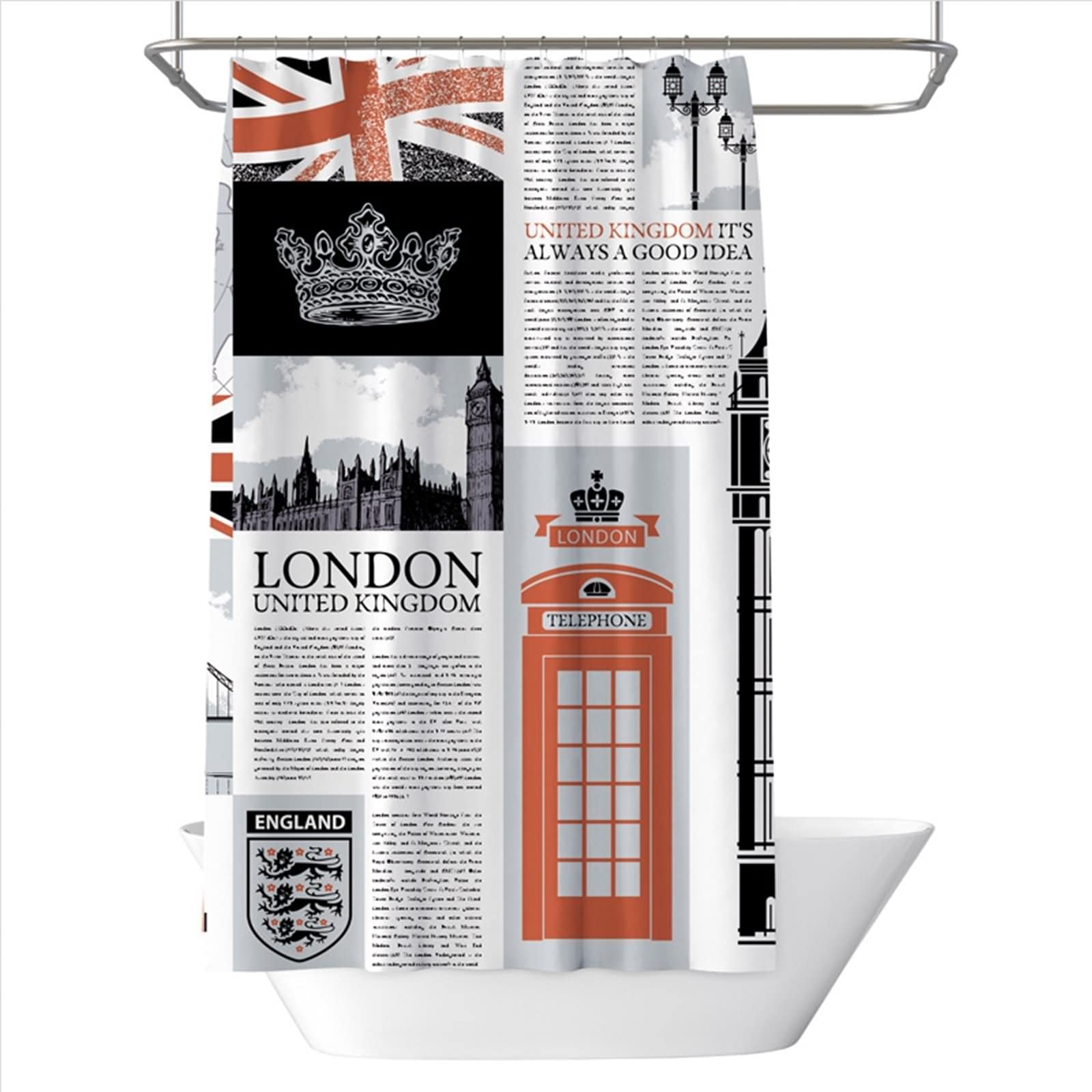 Shower Curtains Long, Duschvorhang Moder Englische Zeitung Mehrfarbig Polyester 200X180cm Badezimmerzubehör
