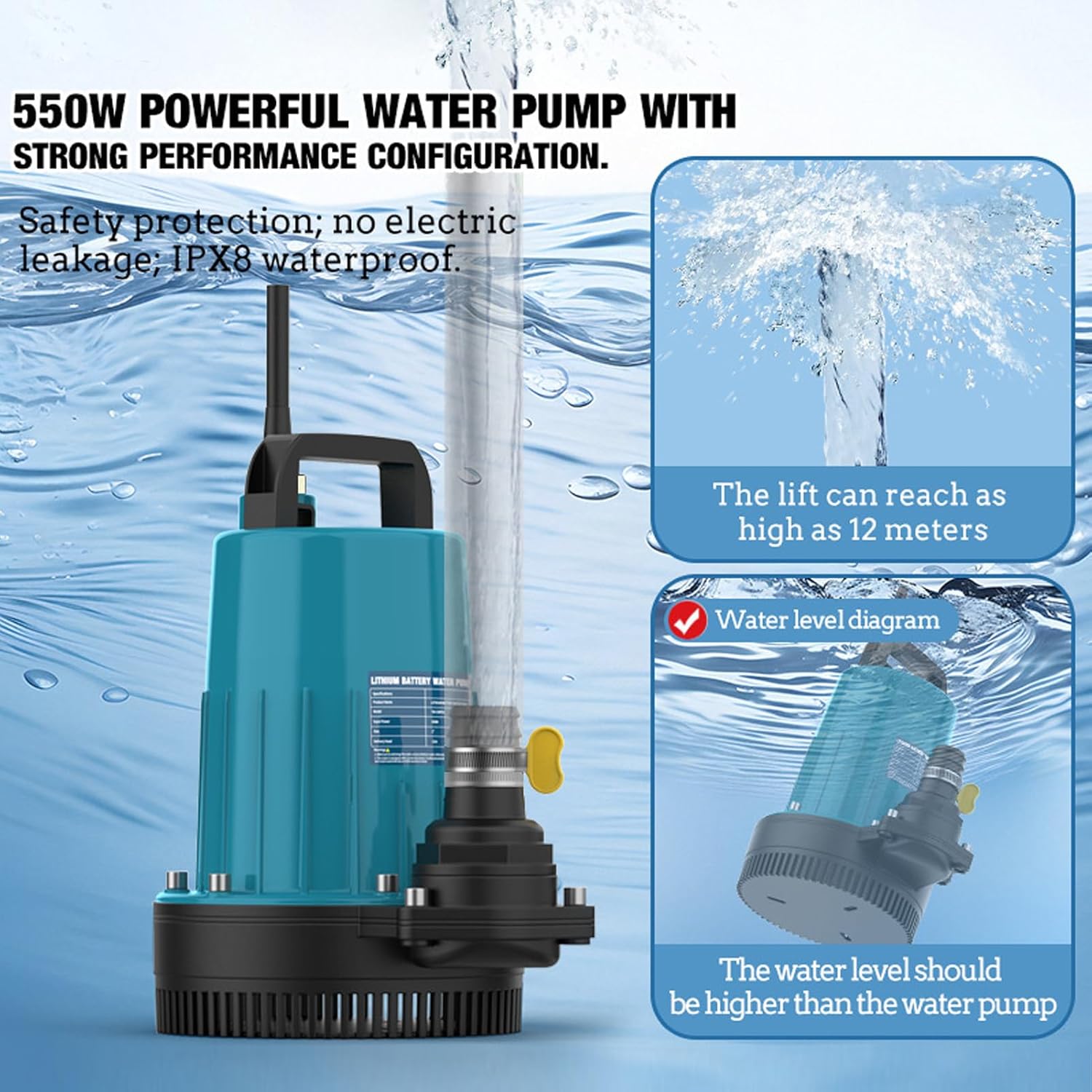 Sump Pumps, 550W Power, 11000L/H Rate, 12m Head with 3 Timer Settings for Pool, Hot Tub, Outdoor Projects