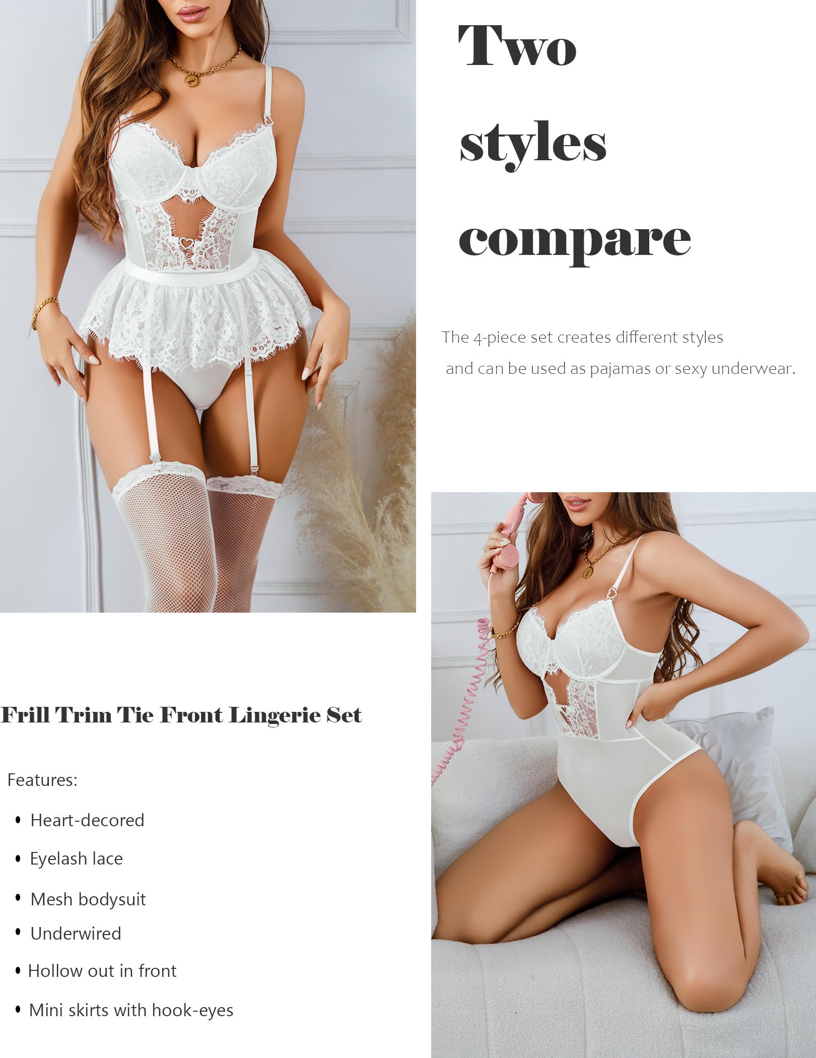Alrovetoney Women Lingerie Set Naughty Lace Bodysuit High Waisted Underwire Lingerie Babydoll With Garter Belt and Stockings