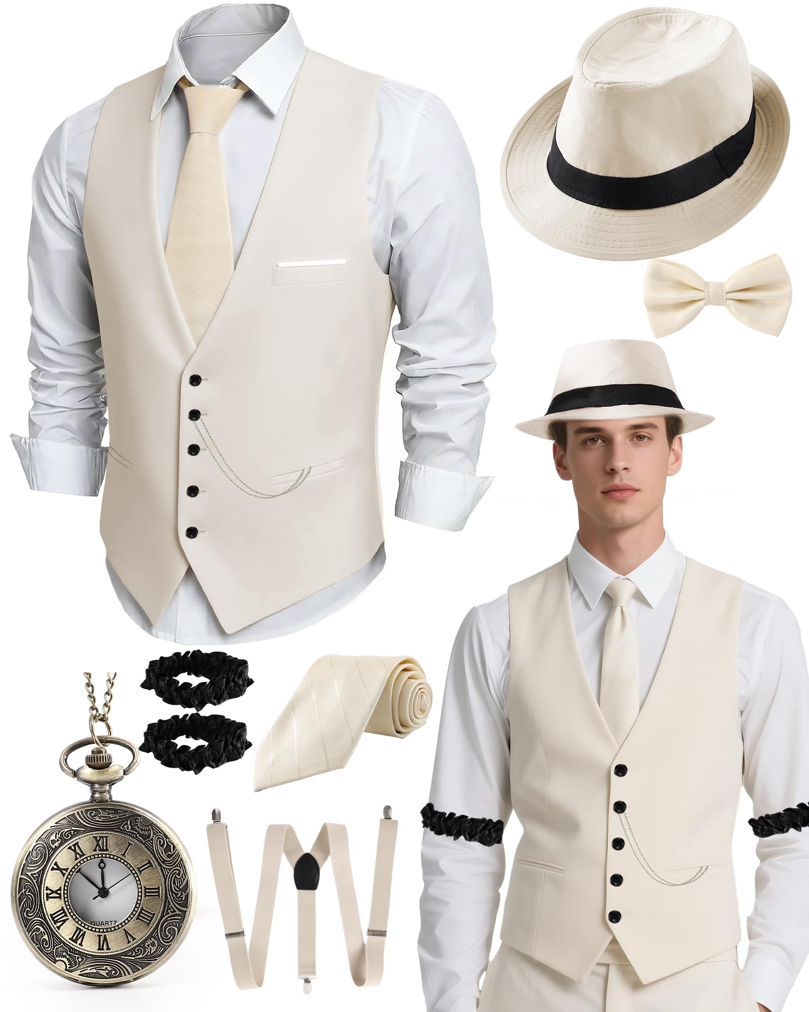 HaBaeBae 1920s Mens Costume, Roaring 20s Costumes for Men, Fedora Hats for Men 1920S Mens Outfit with Hat, Vest,Pocket Watch
