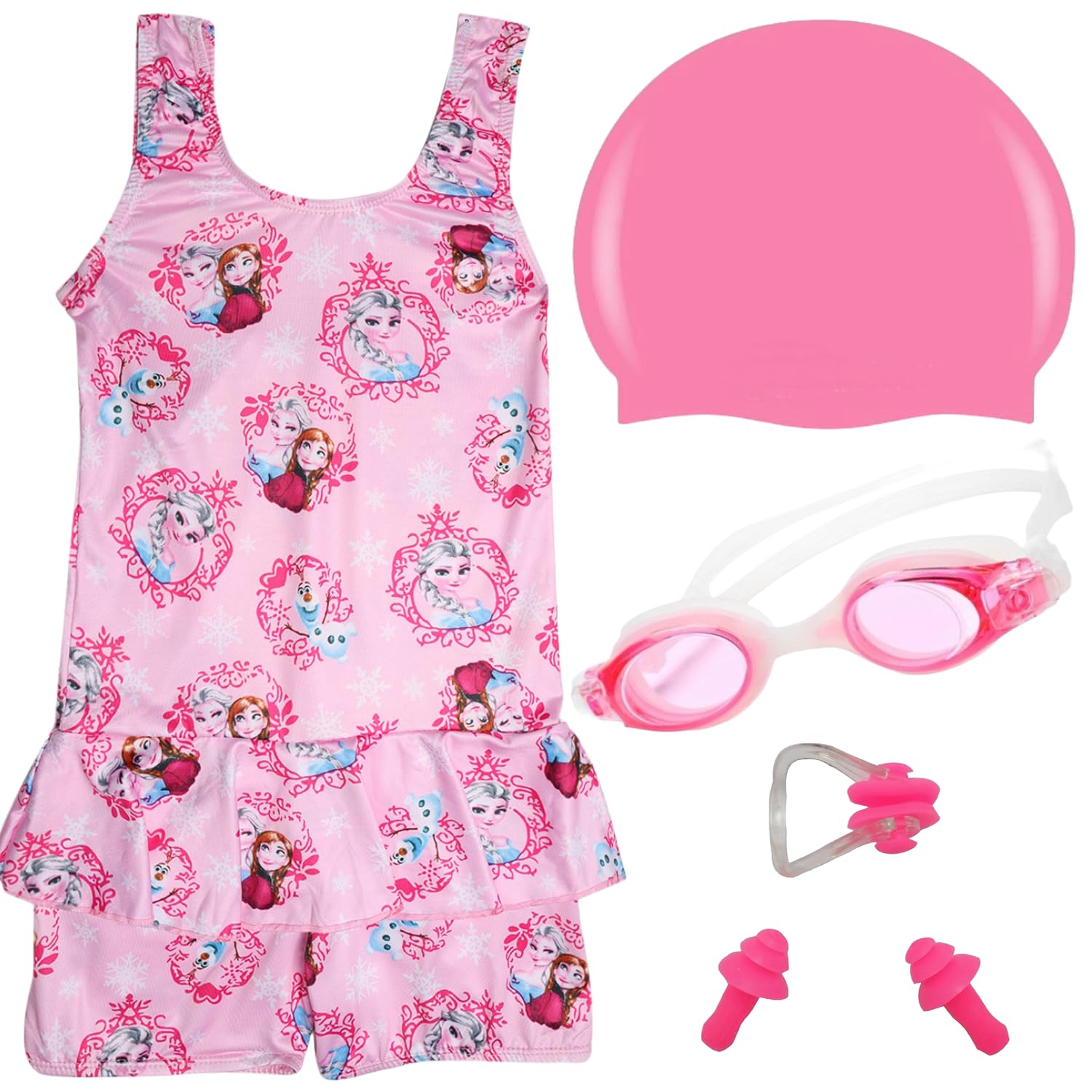 LEBAMI Girls Swimming Costume with Swim Goggle Swim Cap 2Ear Plug and 1Nose Plug | Pink (B0D2P4Z4VY) Amazon Price History, Amazon Price Tracker