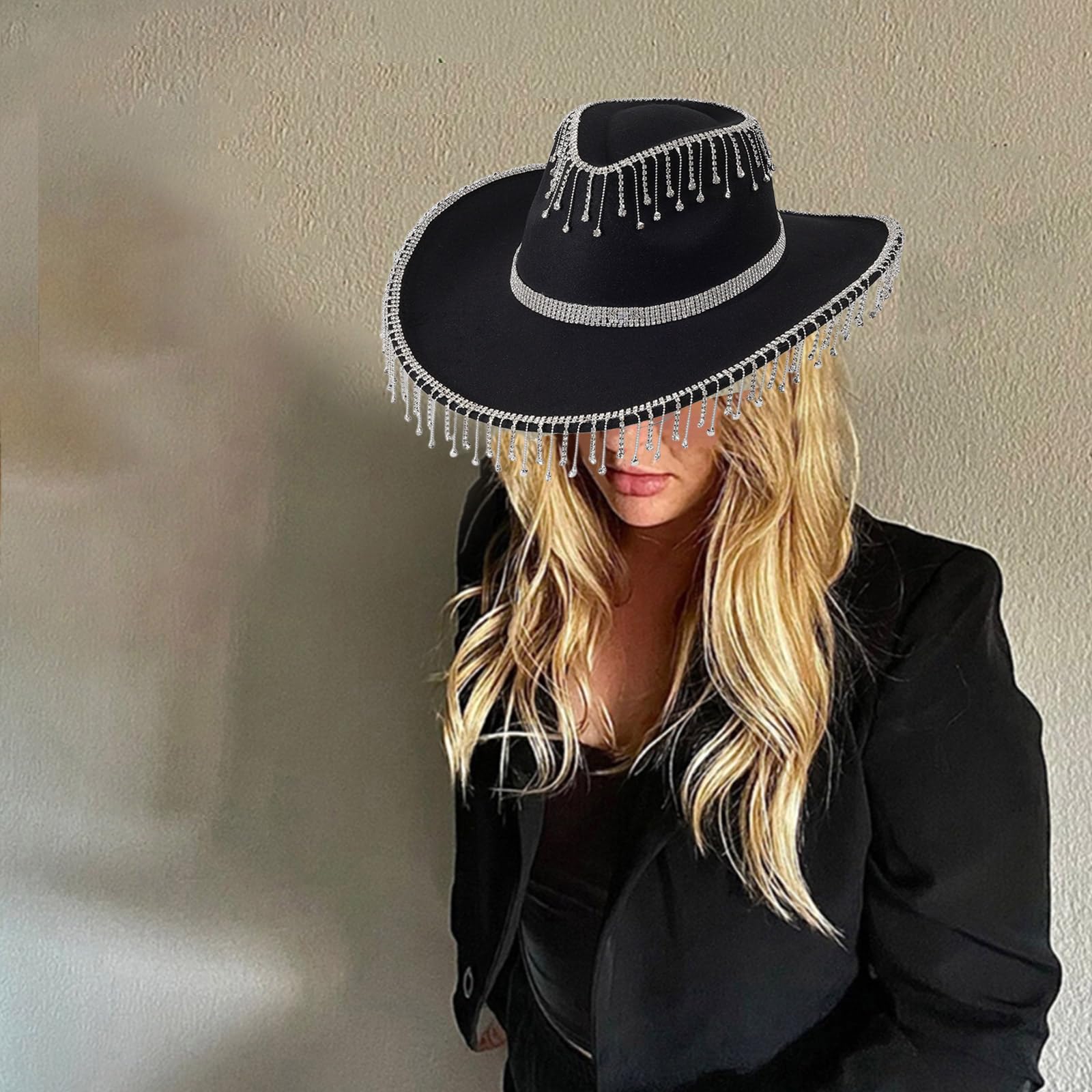 Sombrero ligero con flecos de diamantes de imitación para mujer, sombrero de fieltro para mujer, sombrero de fiesta occidental para hombre, resistente al viento