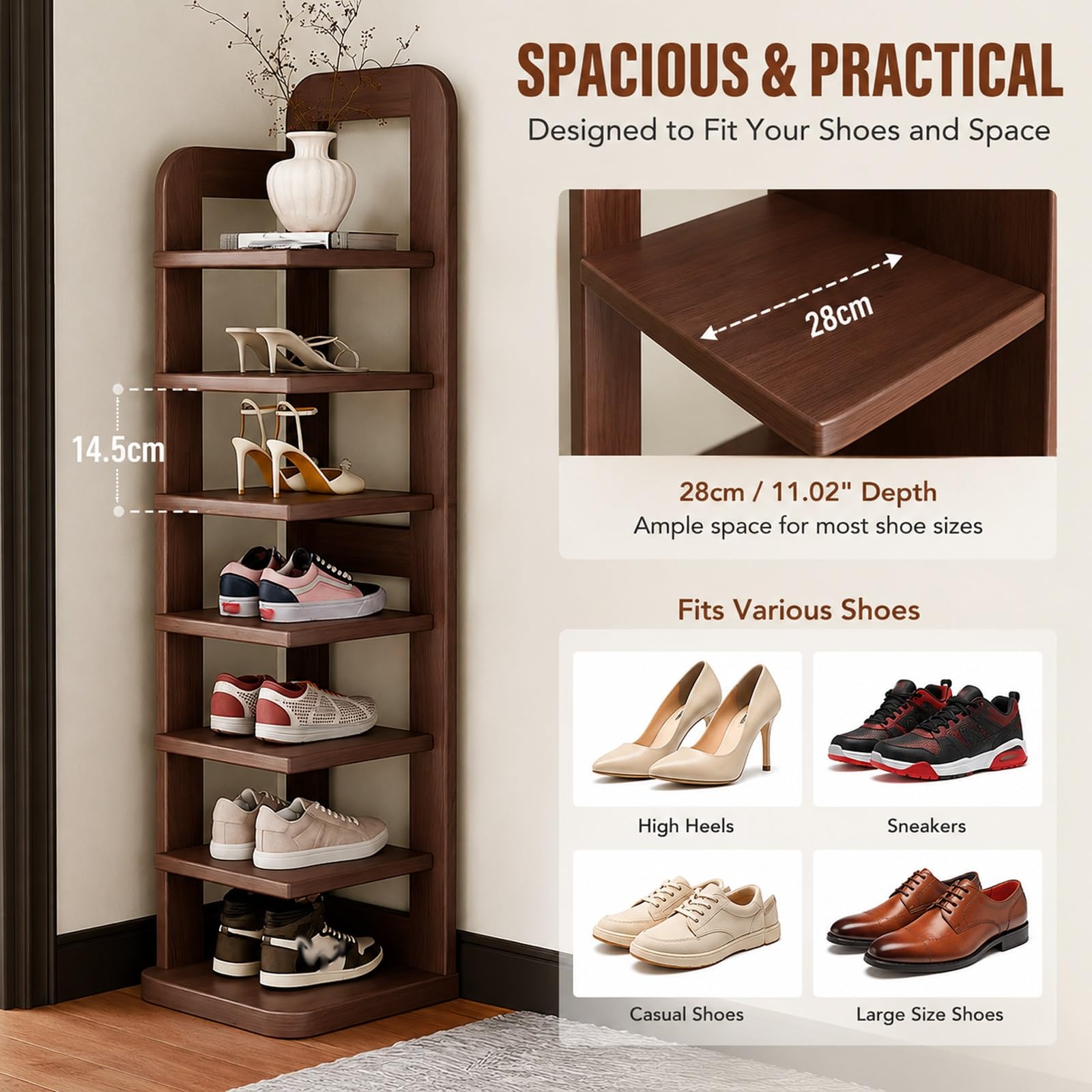 Zapatero de Madera, 7 Niveles Organizador de Zapatos, Ahorro Espacio