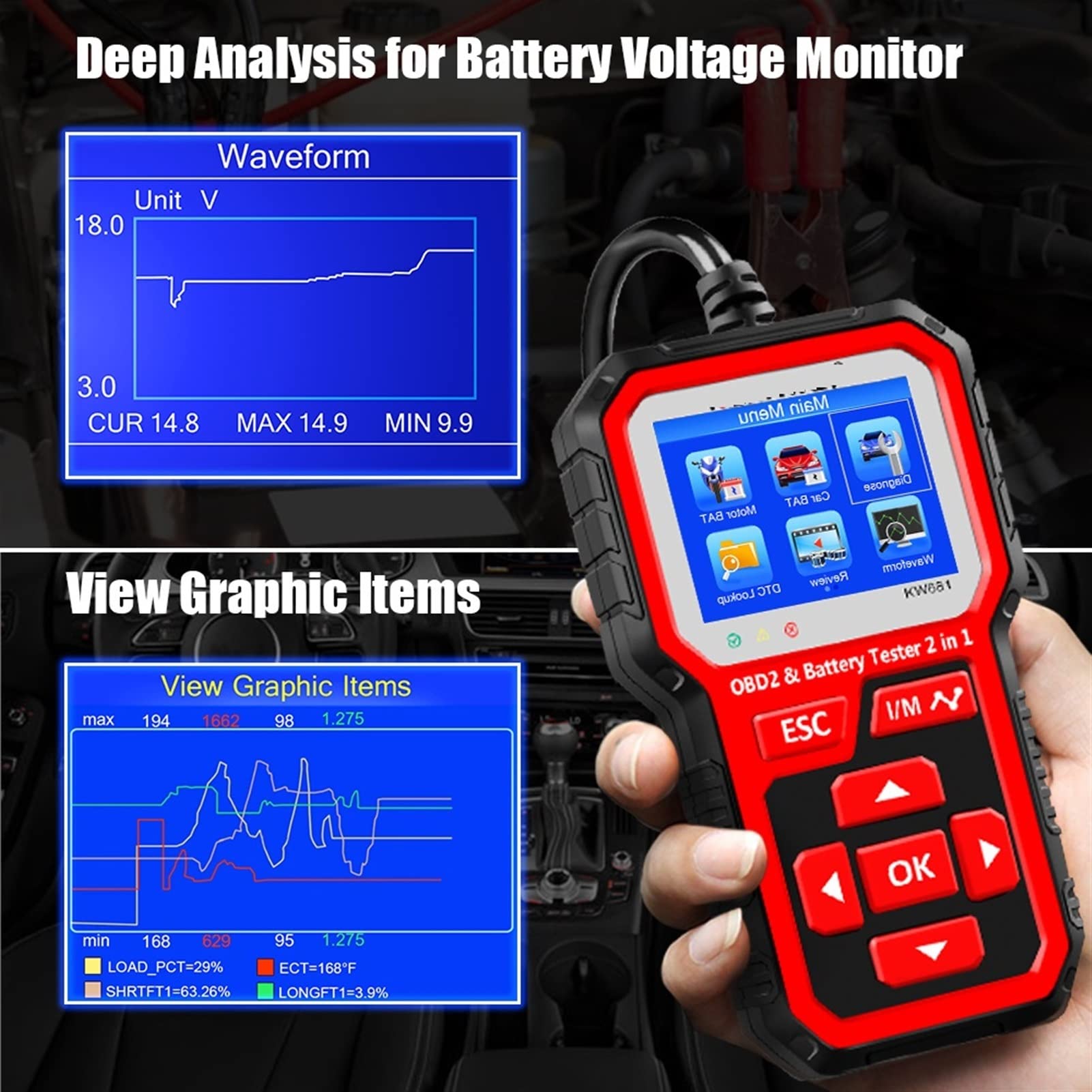 Batterietester, KW681 6V 12V. Auto Motorrad Batterieprüfgerät Auto-Diagnosewerkzeug 2 in1 2000 CCA Auto OBD2. Scanner Full. OBD 2. Funktion