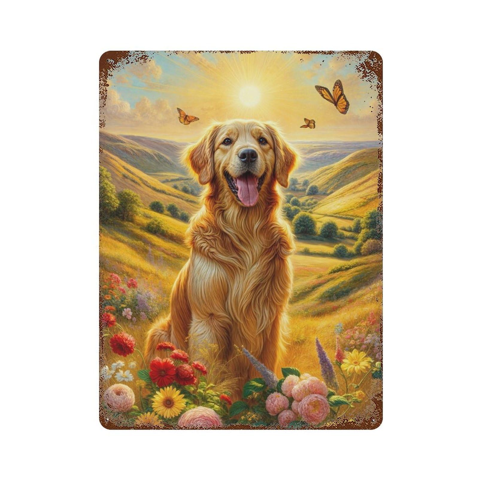 Golden Retriever in Sunflower Field Rust Effect Tin Sign 15.7"x11.8", Vintage Wall Decor for Bistro, Counter And Cafe Decor