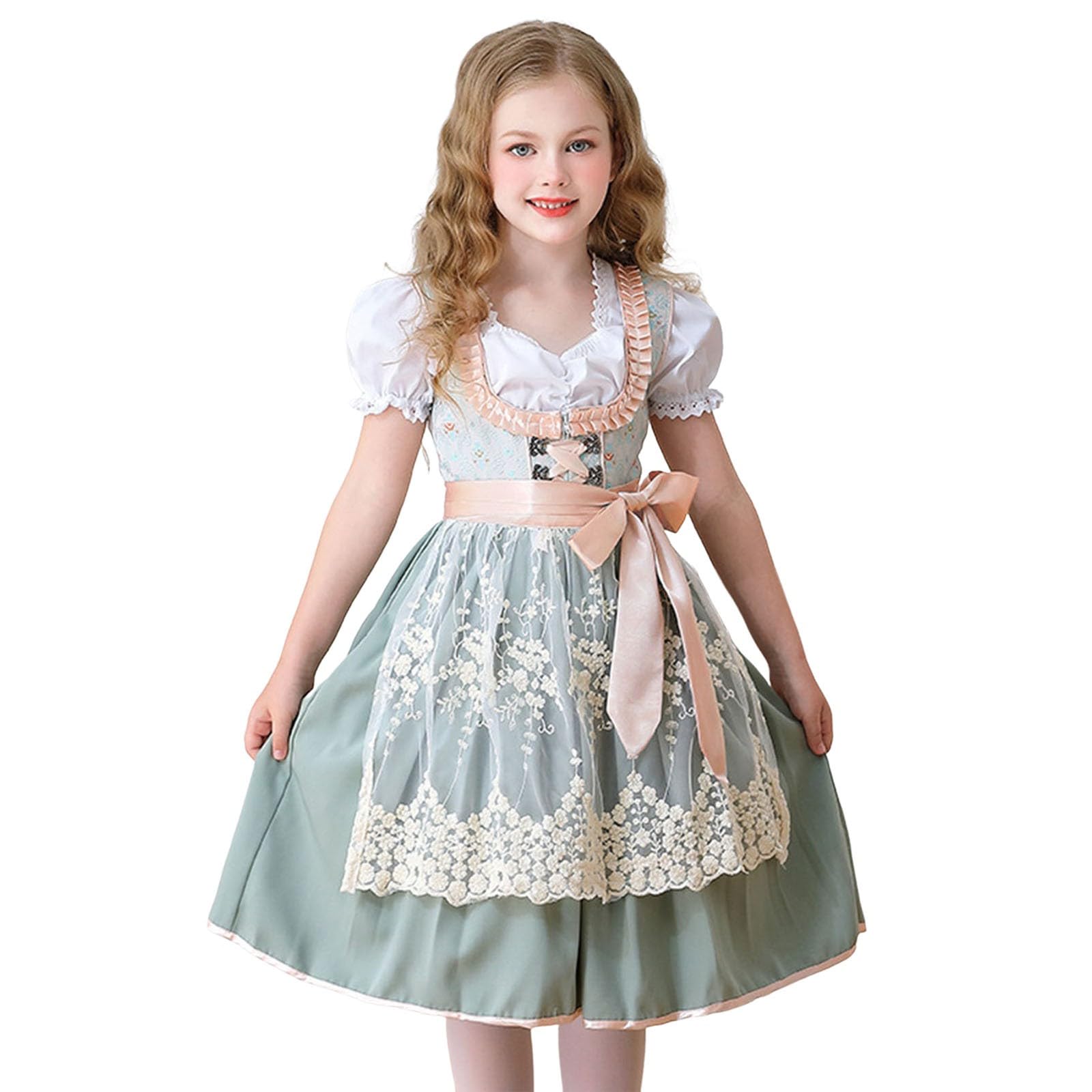 Mädchen Dirndl Set Oktoberfest 3-teilig Kinderdirndl Kinder Dirndlbluse Schürze Set Trachten Midi Kleid Bierfest Spitze Kleider Bayerisches Trachtenkleid Spitze Elegant Dress Festlich Kleidung