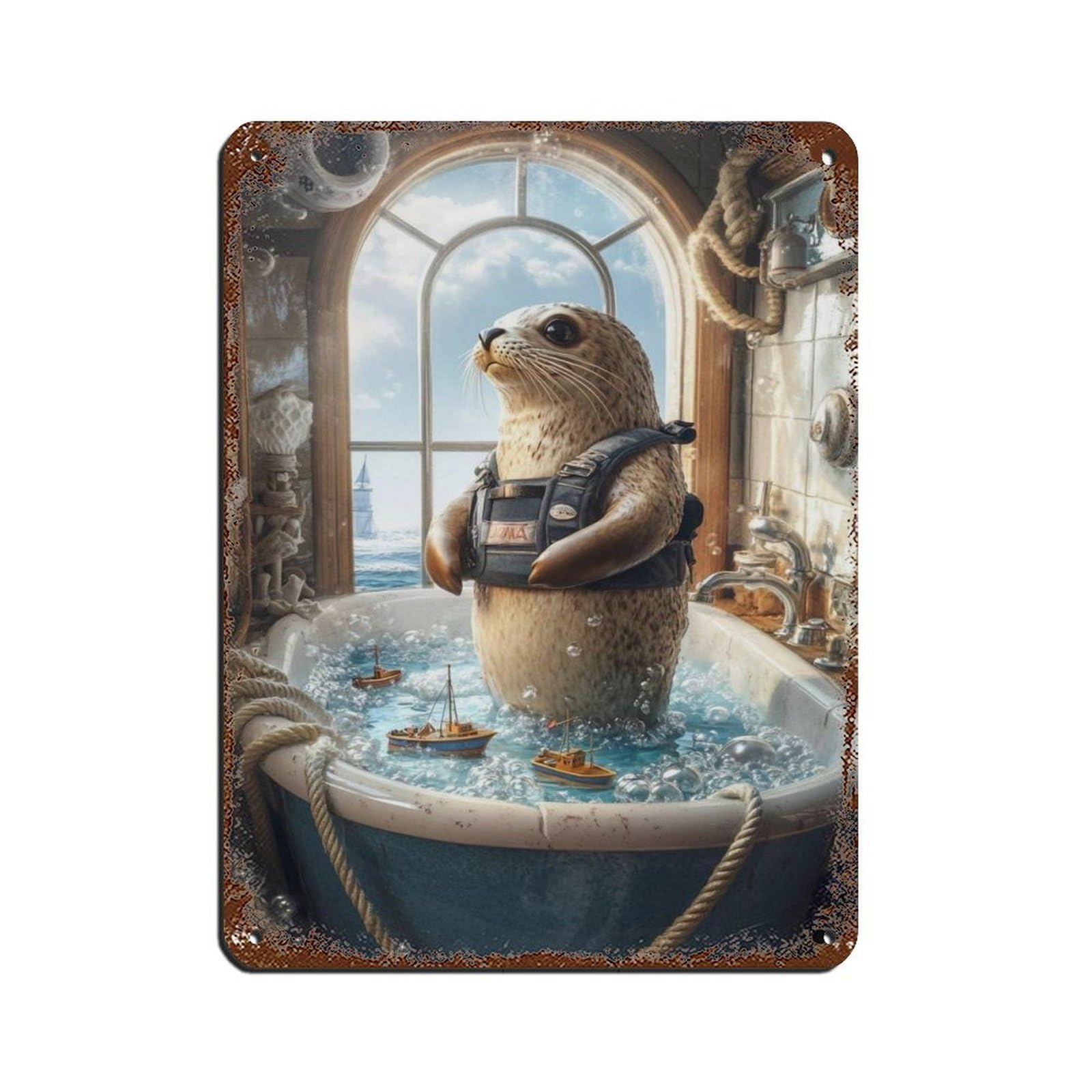 Adorable Ocean-themed,Cute Seal in Bathtub Tin Sign Vintage Metal Pub Club Cafe Bar Home Wall Art Decoration Poster Retro 12x16inch(30x40cm)