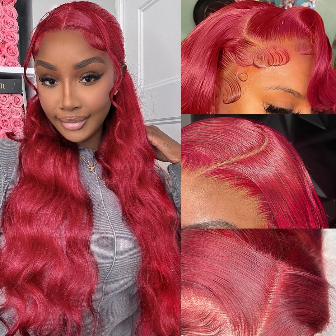 20 Inch 13x4 Body Wave Lace Front Wigs Human Hair Colored Burgundy Lace Front Wigs Human Hair Body Wave Wigs for Women Glueless 180% Density Red Lace Front Wigs Human Hair Pre Plucked 99j Wigs