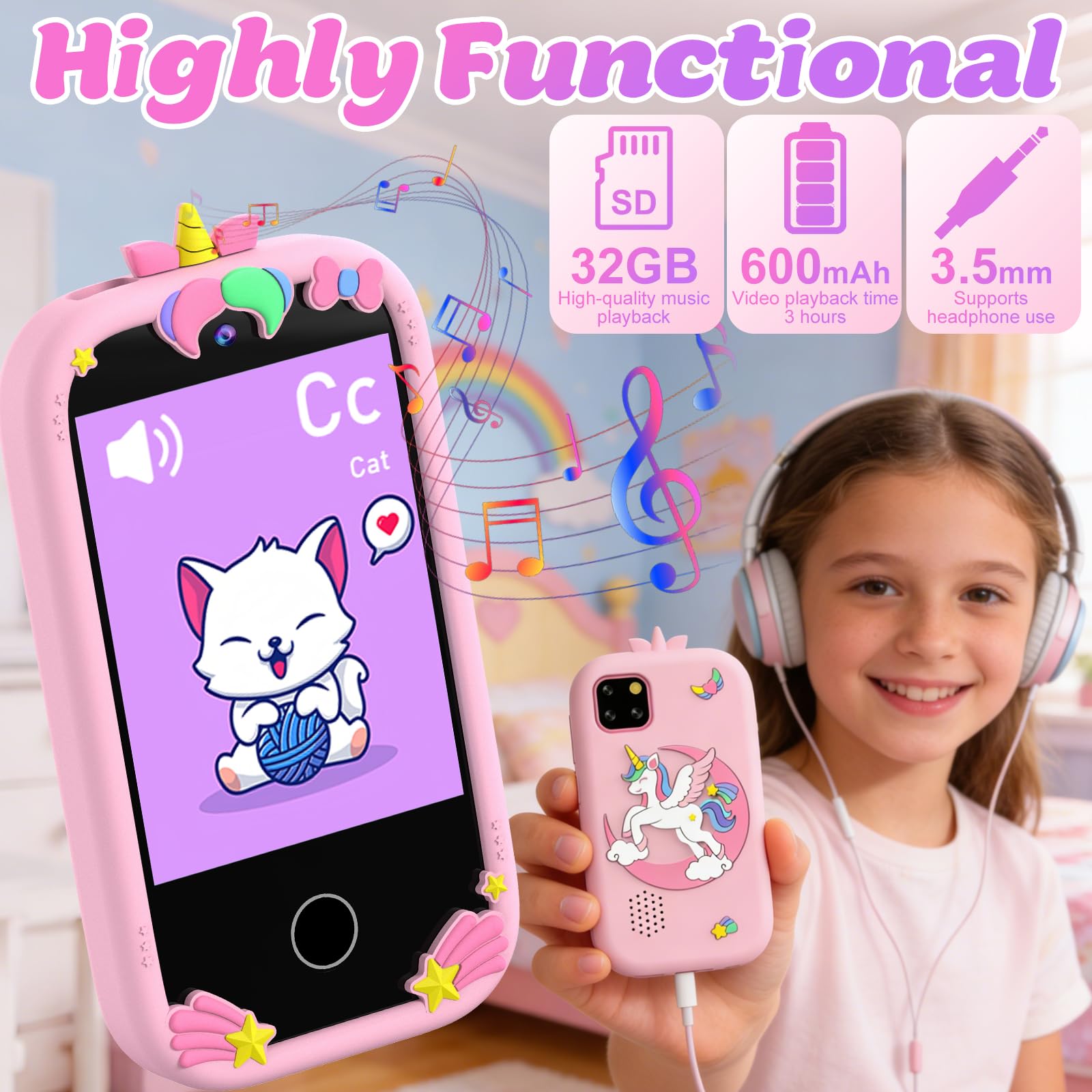 3T6B Smartphone Niños, Teléfono Móvil para Niños con Doble Cámara, Pantalla táctil de 2,8 Pulgadas, Música y Juegos, Tarjeta SD de 32 GB, Cumpleaños para Niñas y Niños de 3-10 Años - 2