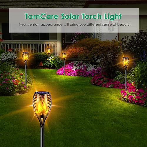 Vista 20 de TomCare Paquete de 8 antorchas de llamas parpadeantes para exteriores, luces decorativas de jardín, alimentadas por energía solar, impermeables