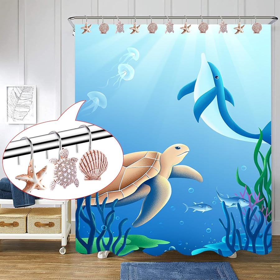 Decorative Shower Curtain Hooks, Seashell Turtles Shower Curtain Rings, Beach Theme Rust Proof Bath Shower Hooks, 12 Pack Bathroom Decoration Ocean Coastal Shower Curtain Hangers - image 2
