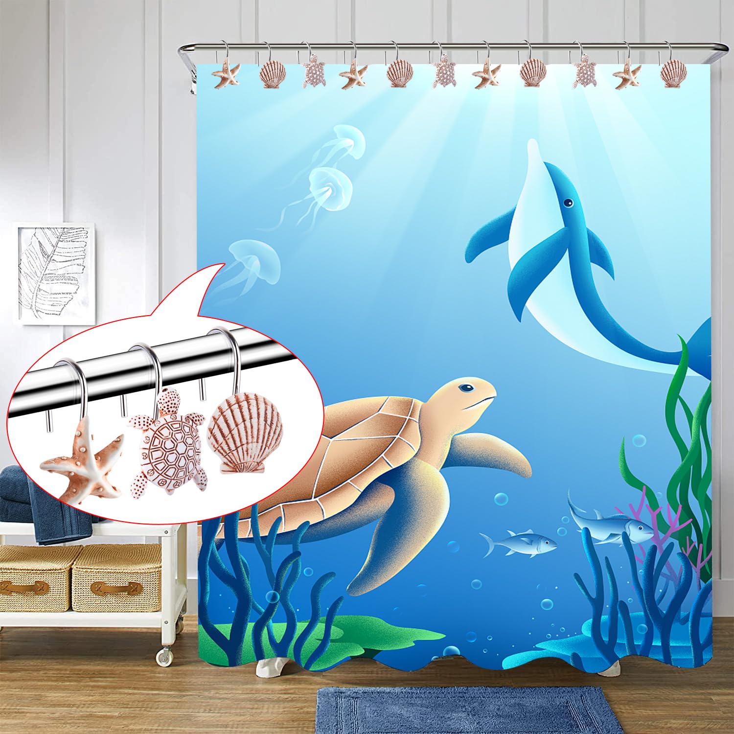 Decorative Shower Curtain Hooks, Seashell Turtles Shower Curtain Rings, Beach Theme Rust Proof Bath Shower Hooks, 12 Pack Bathroom Decoration Ocean Coastal Shower Curtain Hangers
